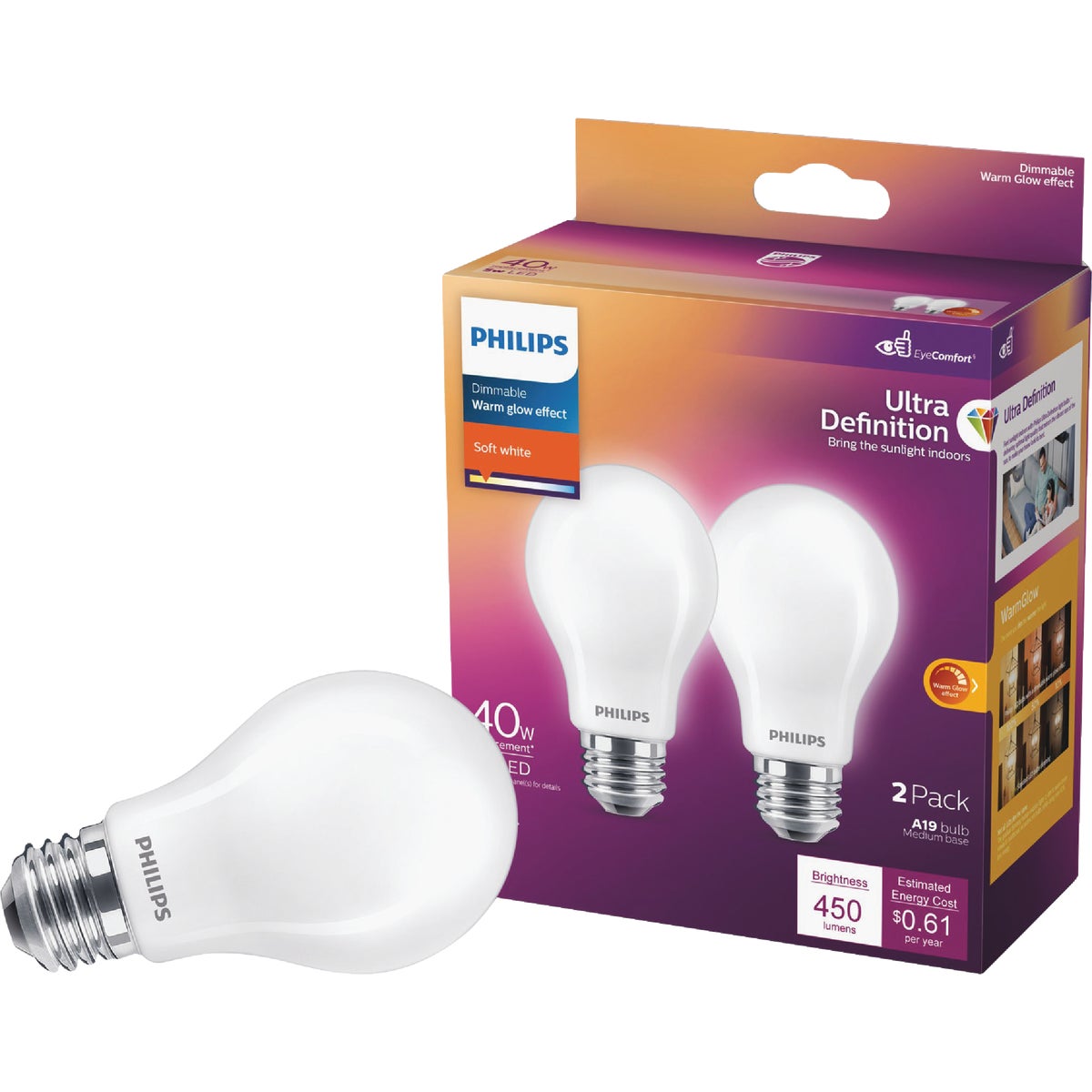 Philips Ultra Definition Warm Glow 40W Equivalent Soft White A19 Medium LED Light Bulb (2-Pack)
