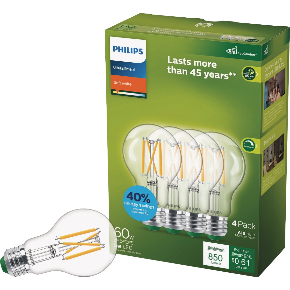 Philips Ultra Efficient 60W Equivalent Soft White Clear A19 LED Bulb (4-Pack)