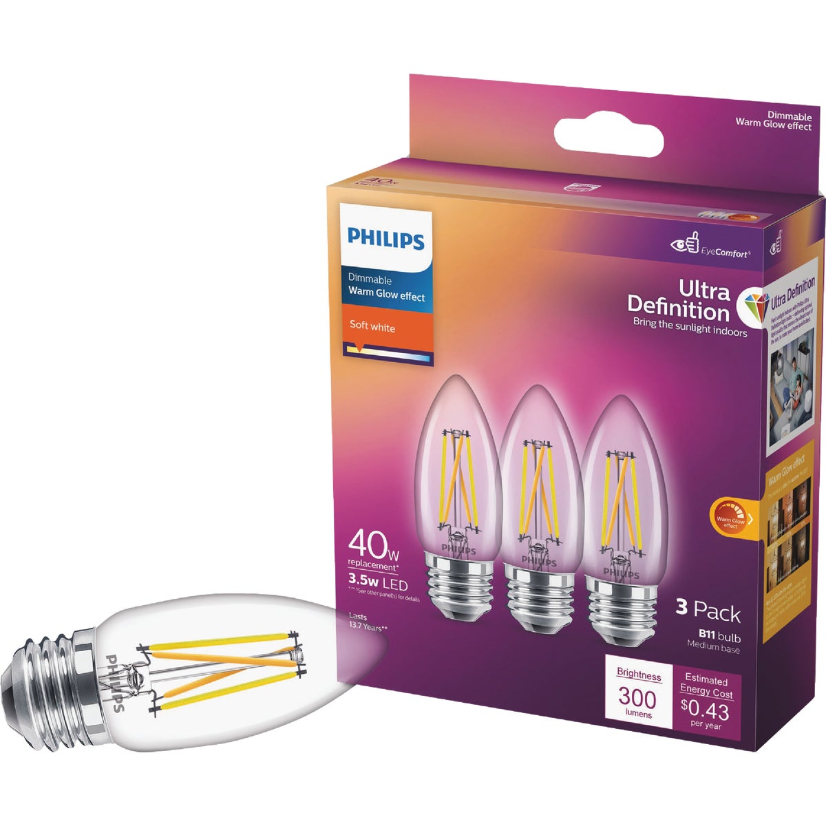 Philips Ultra Definition 40W Equivalent Soft White B11 Medium LED Decorative Light Bulb (3-Pack)