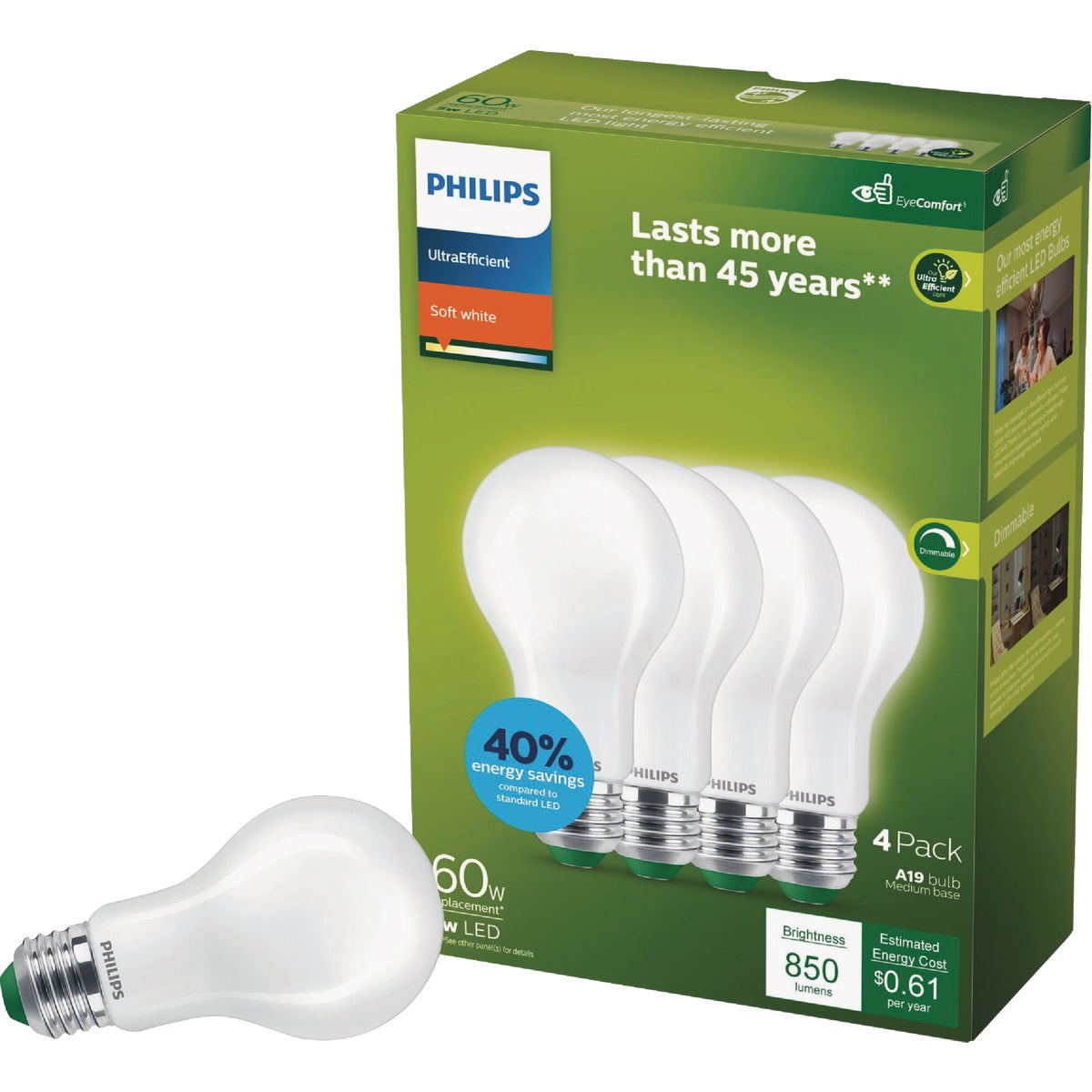 Philips Ultra Efficient 60W Equivalent Soft White Frosted A19 LED Bulb (4-Pack)