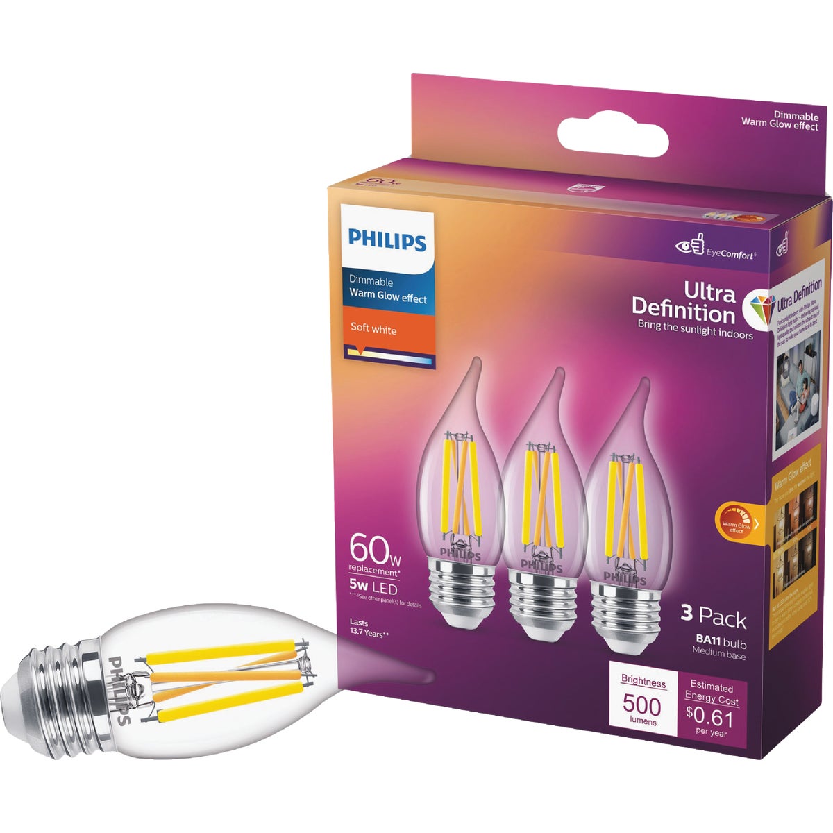 Philips Ultra Definition 60W Equivalent Soft White BA11 Medium LED Decorative Light Bulb (3-Pack)