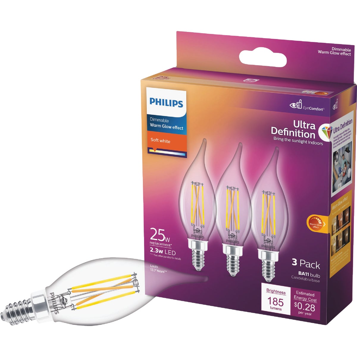Philips Ultra Definition 25W Equivalent Soft White BA11 Candelabra LED Decorative Light Bulb (3-Pack)