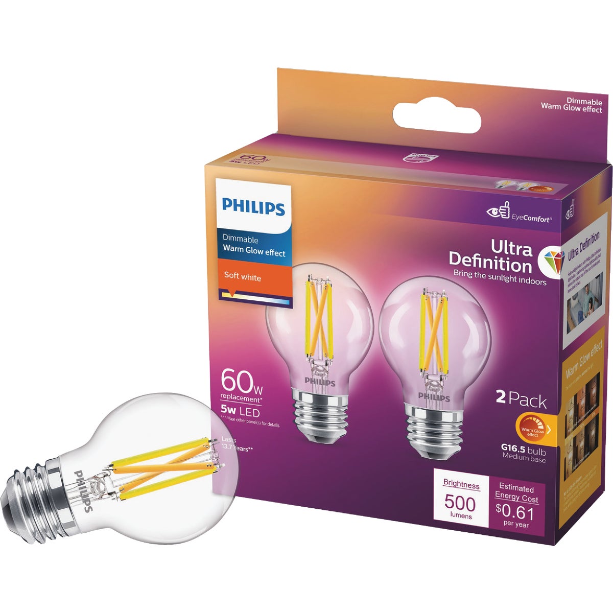 Philips Ultra Definition 60W Equivalent Soft White G16.5 Medium LED Decorative Light Bulb (2-Pack)