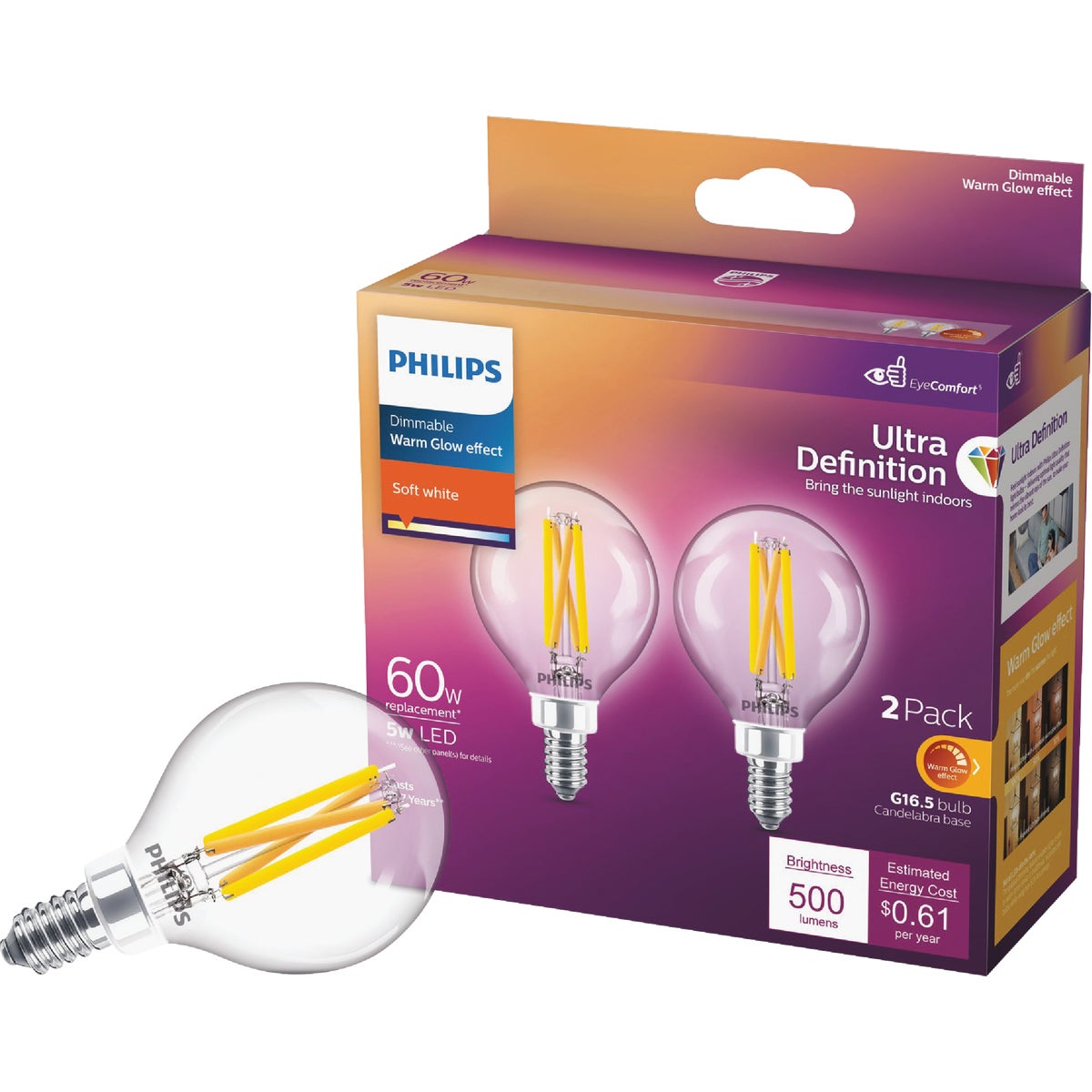 Philips Ultra Definition 60W Equivalent Soft White G16.5 Candelabra LED Decorative Light Bulb (2-Pack)