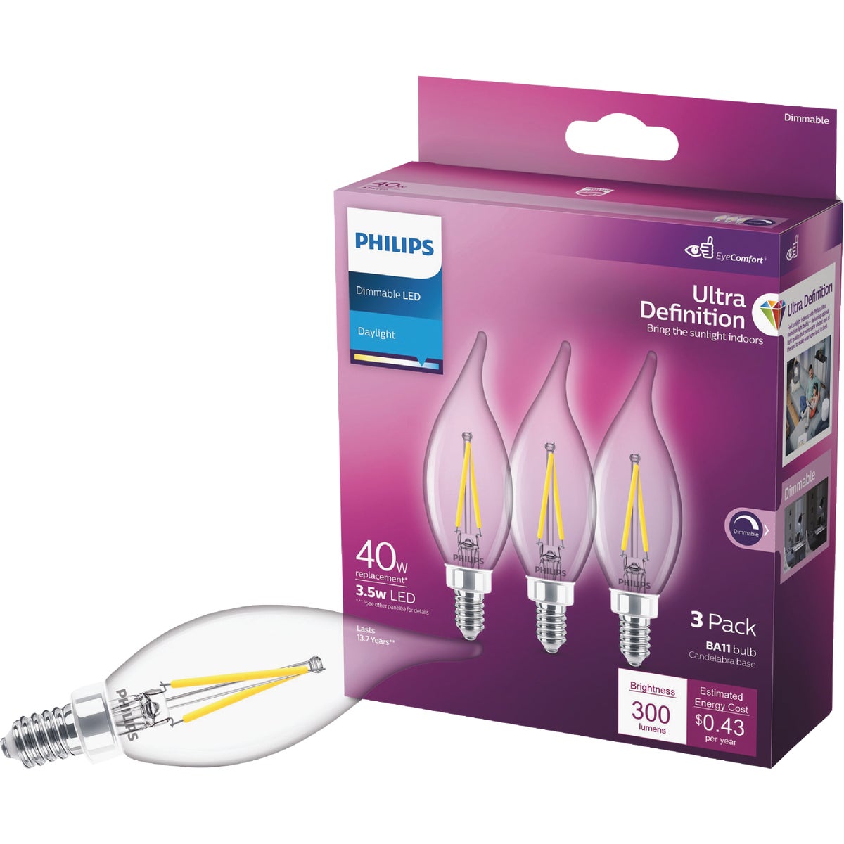 Philips Ultra Definition 40W Equivalent Daylight BA11 Candelabra LED Decorative Light Bulb (3-Pack)