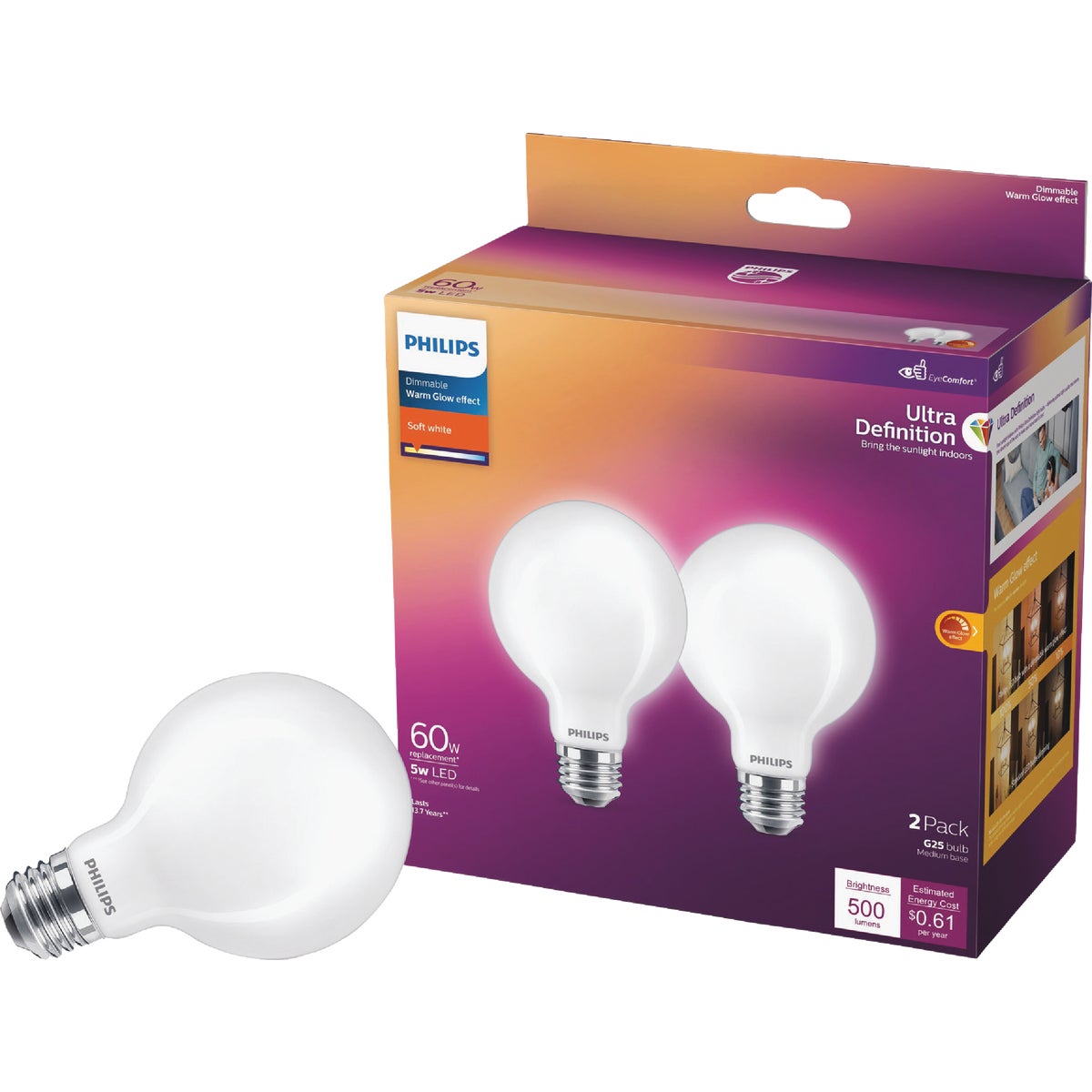 Philips Ultra Definition 60W Equivalent Soft White G25 Medium LED Decorative Light Bulb (2-Pack)