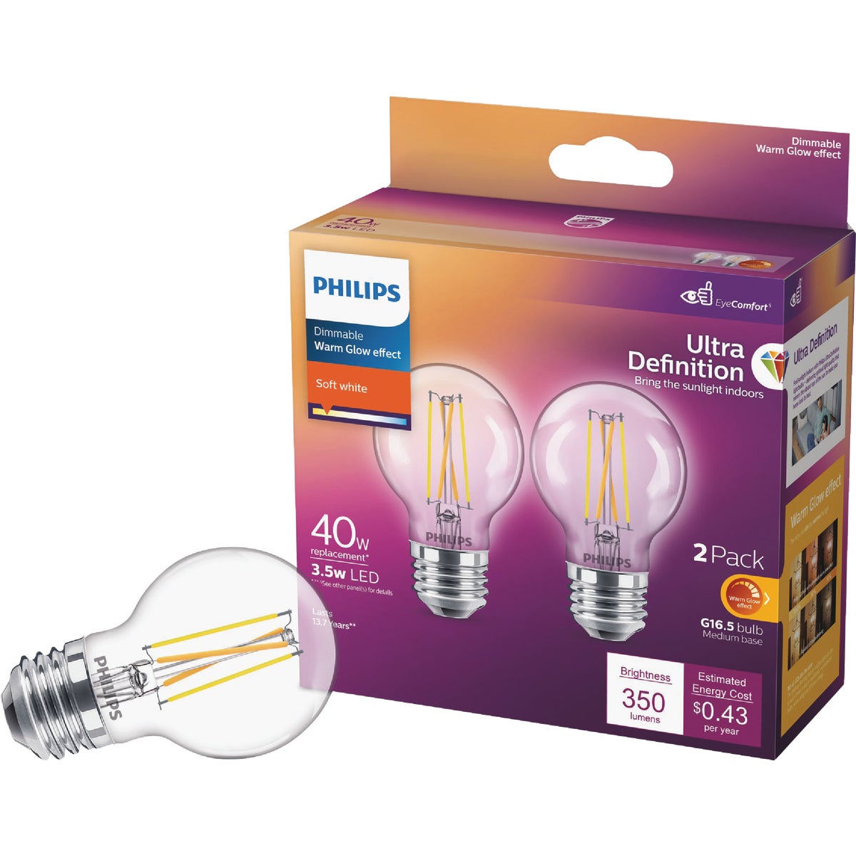 Philips Ultra Definition 40W Equivalent Soft White G16.5 Medium LED Decorative Light Bulb (2-Pack)