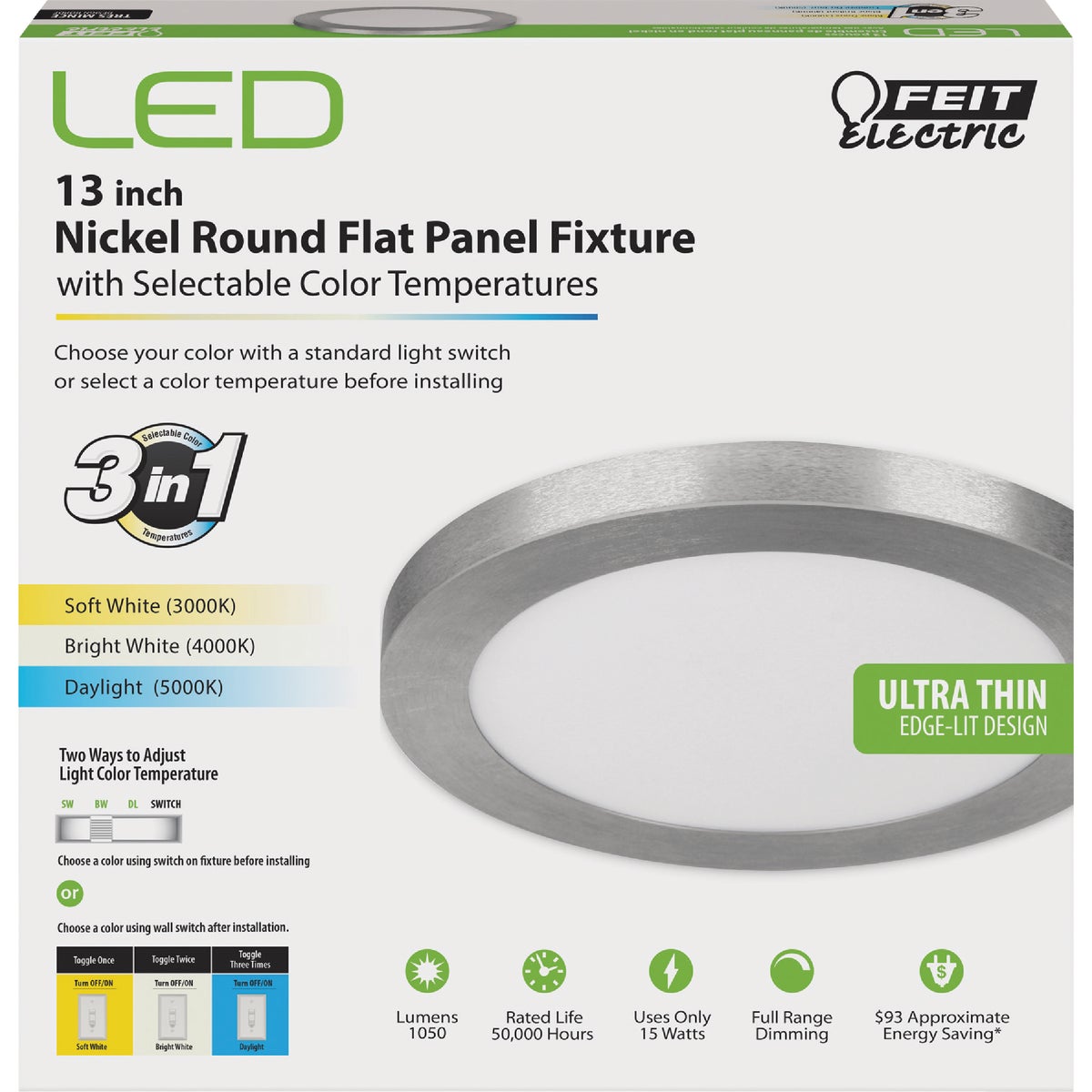 Feit Electric Edge-Lit 13 In. Nickel Round 4-Way LED Flush Mount Light