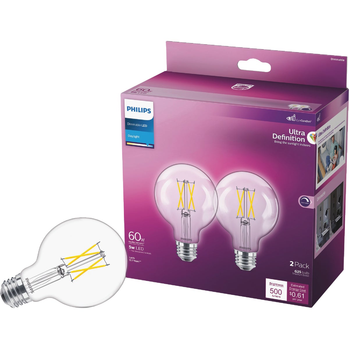Philips Ultra Definition 60W Equivalent Daylight G25 Medium LED Decorative Light Bulb (2-Pack)