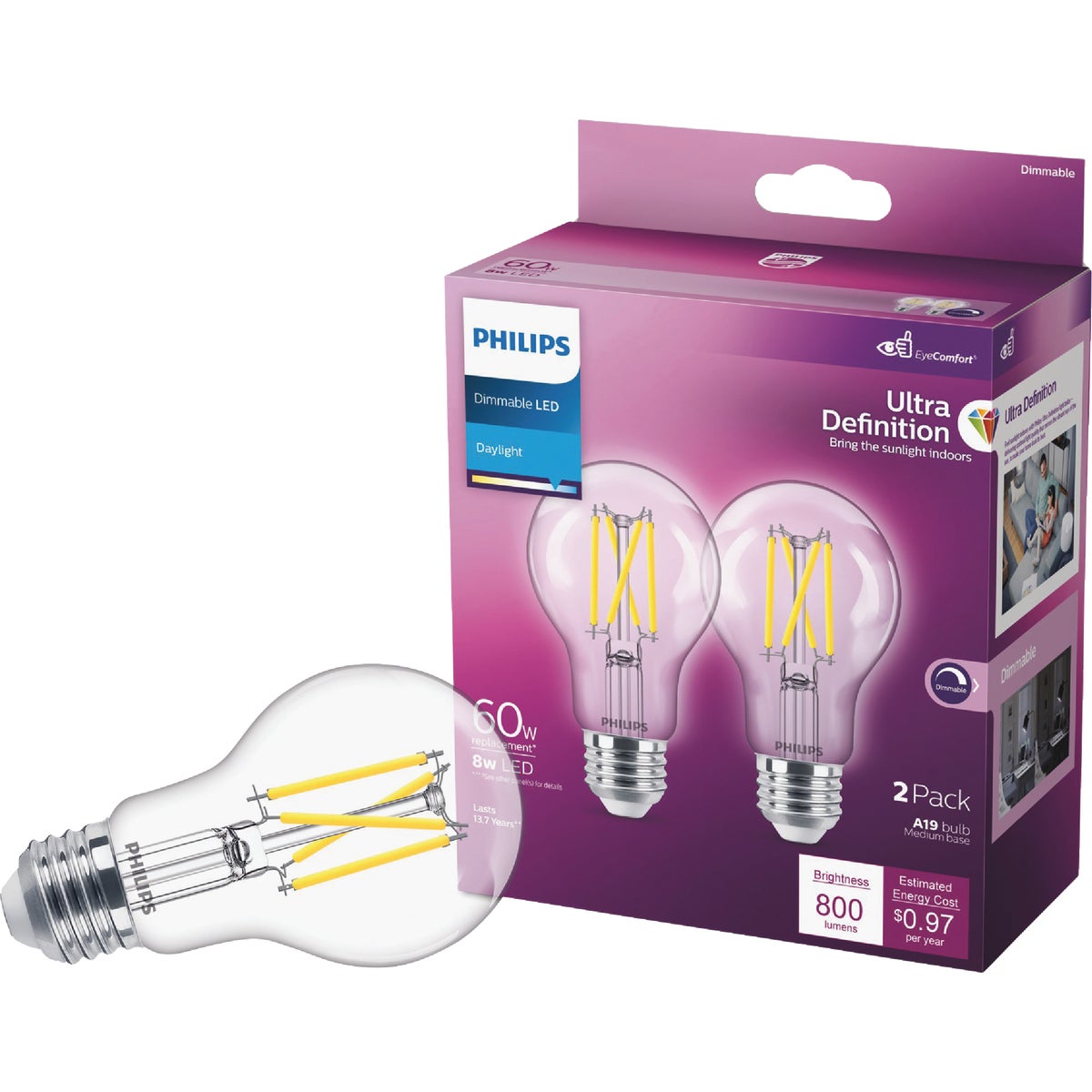 Philips Ultra Definition 60W Equivalent Daylight A19 Medium LED Light Bulb, Clear (2-Pack)