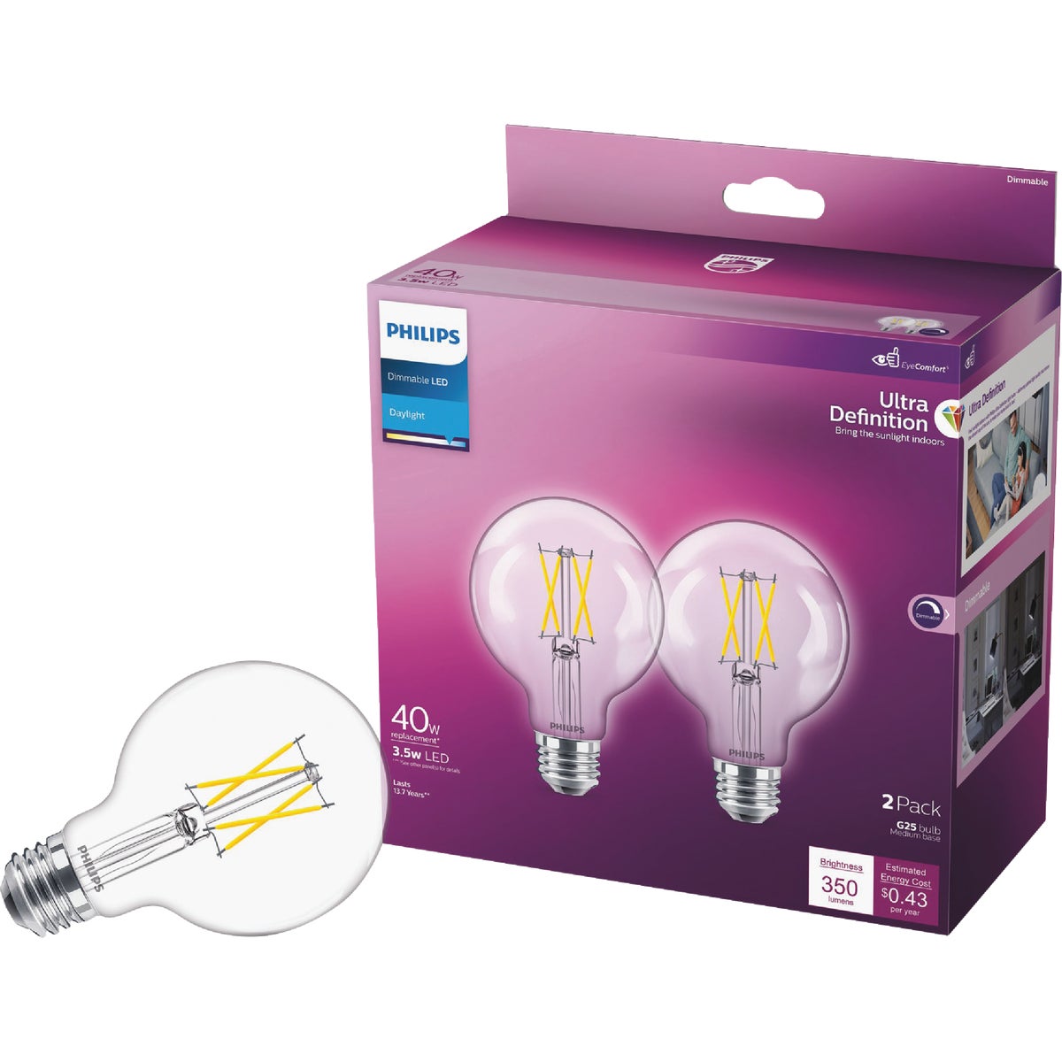 Philips Ultra Definition 40W Equivalent Daylight G25 Medium LED Decorative Light Bulb (2-Pack)
