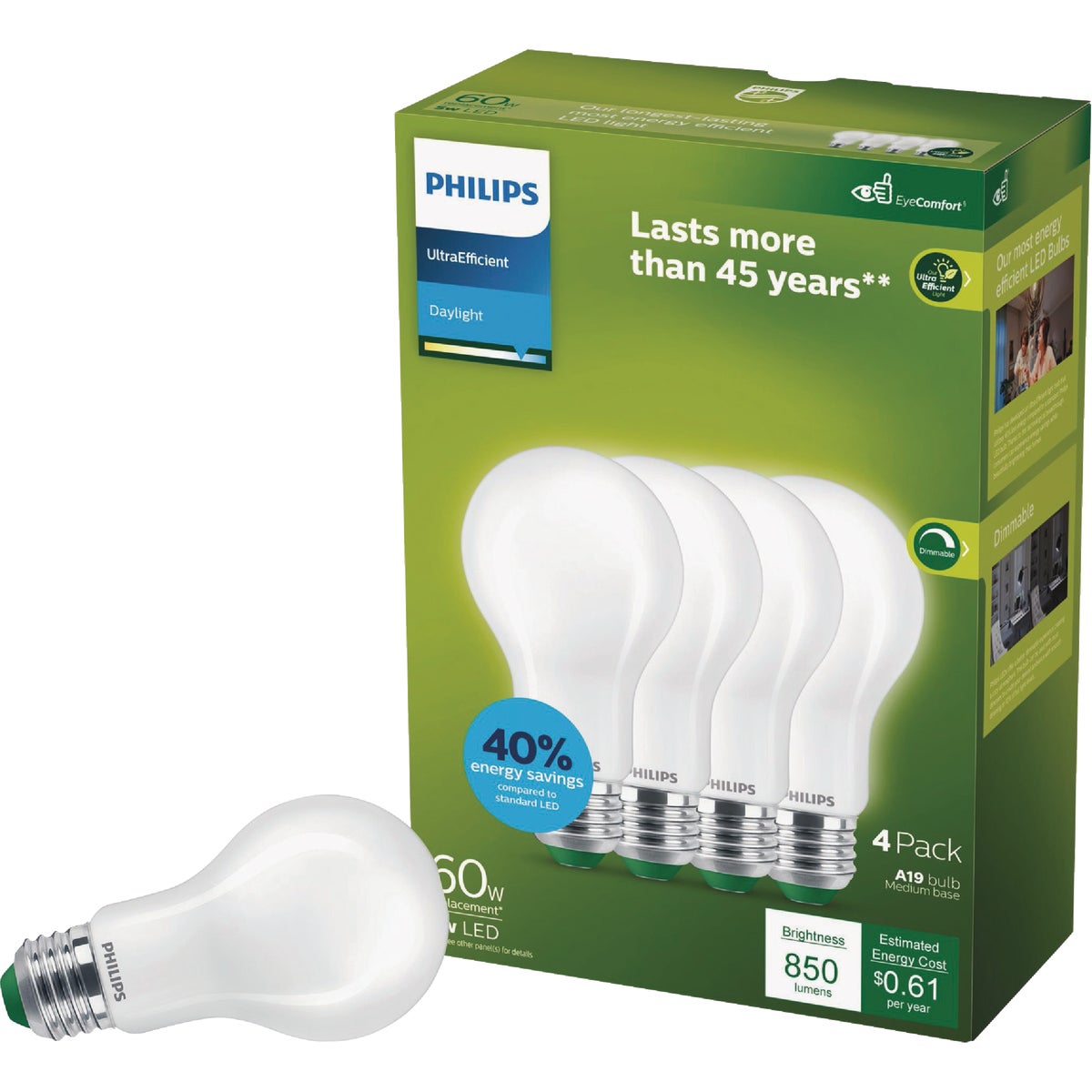 Philips Ultra Efficient 60W Equivalent Daylight Frosted A19 LED Bulb (4-Pack)