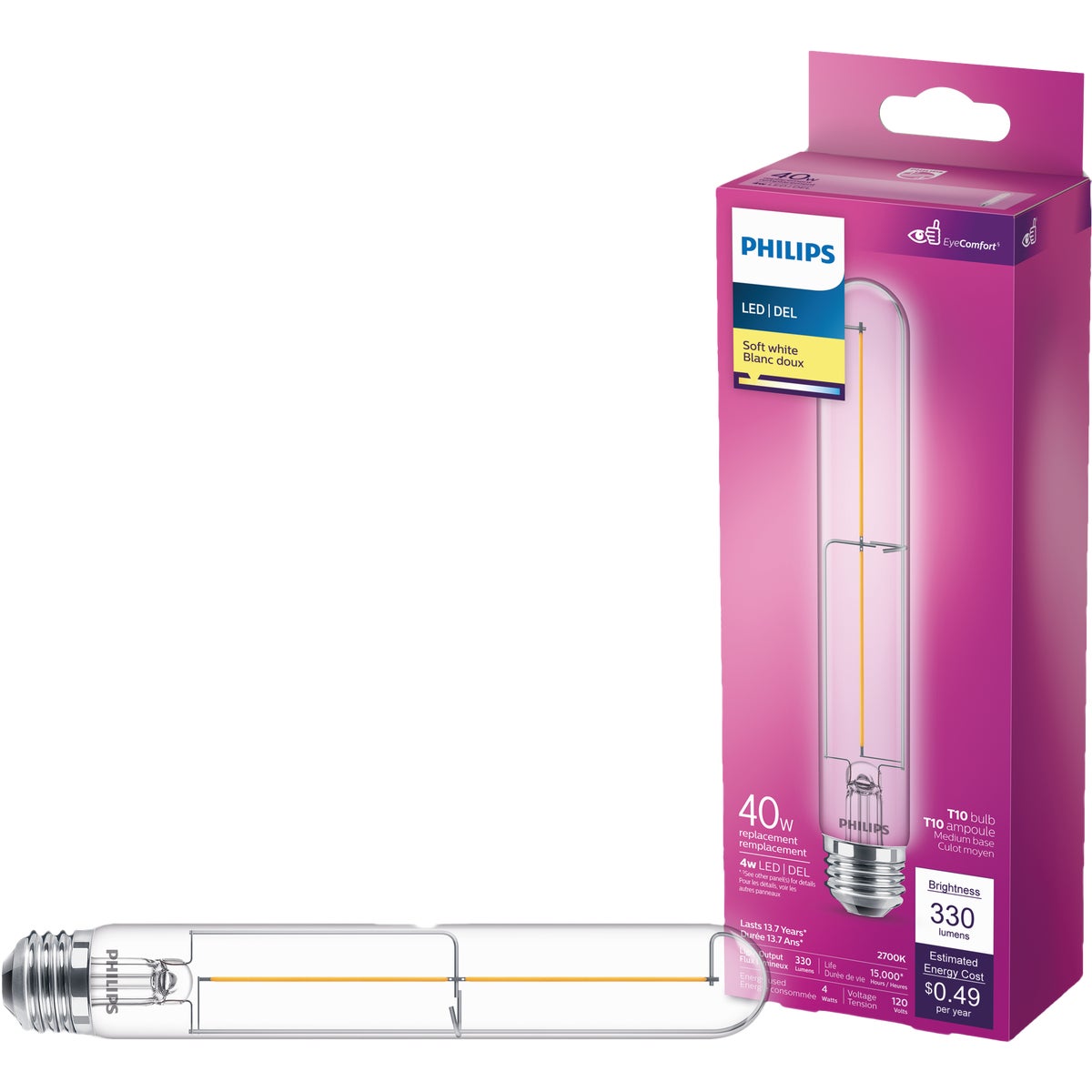 Philips 40W Equivalent Soft White T10 Medium Base Glass Filament LED Light Bulb