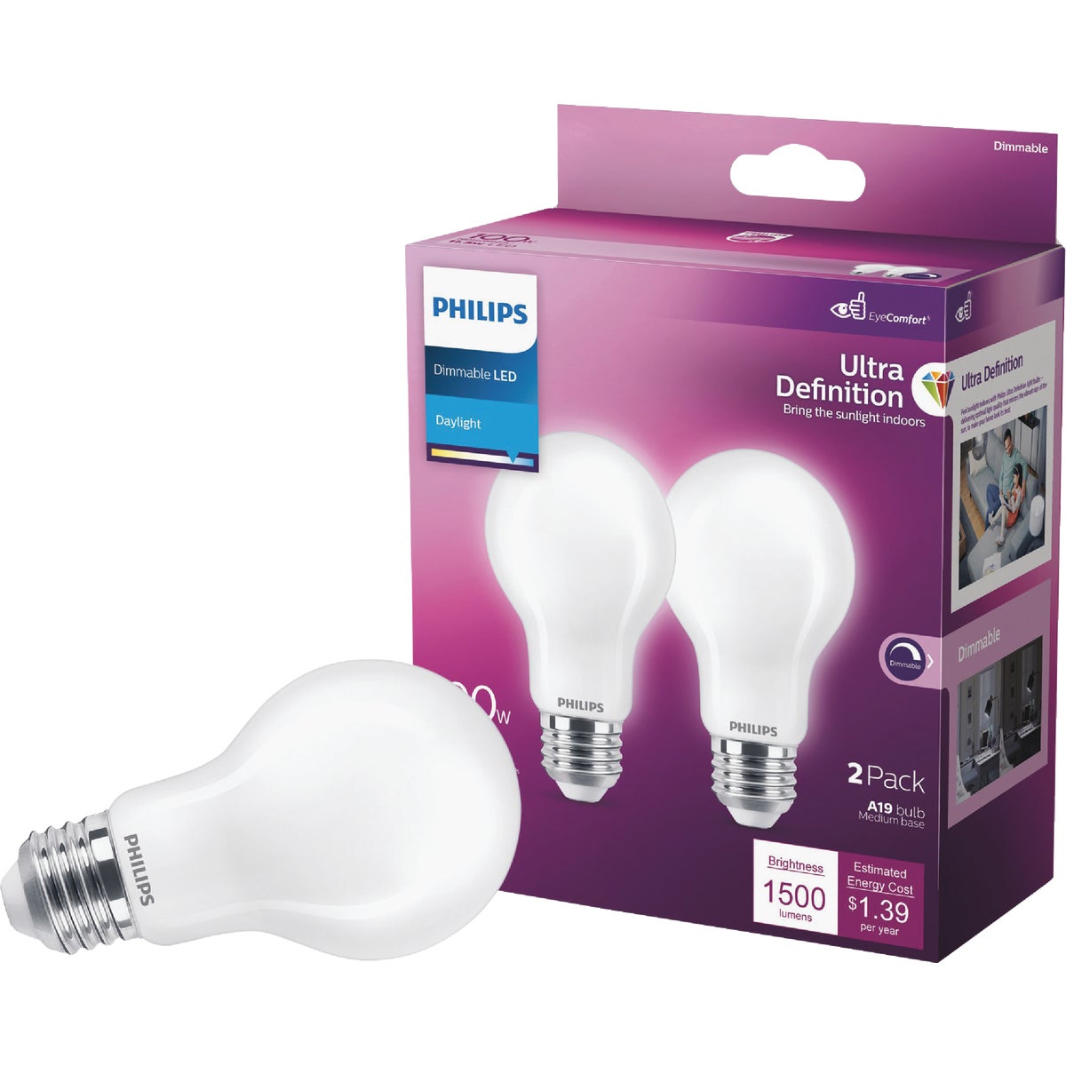Philips Ultra Definition 100W Equivalent Daylight A21 Medium Dimmable LED Light Bulb, Frosted (2-Pack)