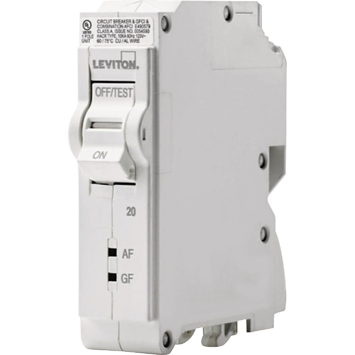 Leviton 20A 1-Pole Hydraulic Magnetic Trip Plug-On AFCI/GFCI White Branch Circuit Breaker