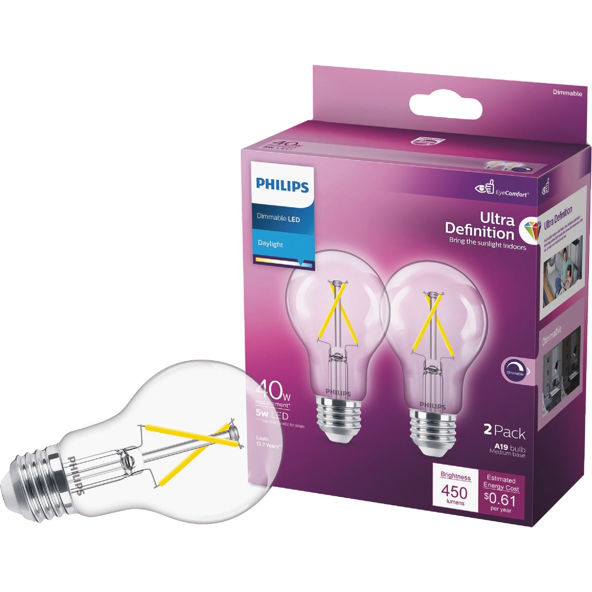 Philips Ultra Definition 40W Equivalent Daylight A19 Medium LED Light Bulb, Clear (2-Pack)