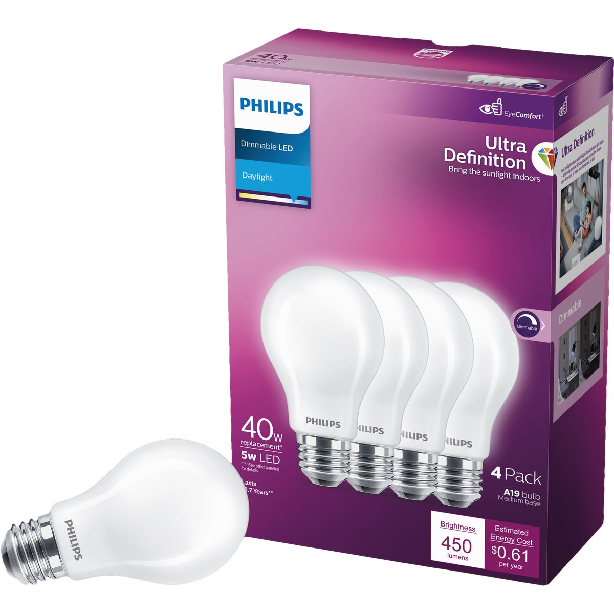 Philips Ultra Definition 40W Equivalent Daylight A19 Medium LED Light Bulb, Frosted (4-Pack)