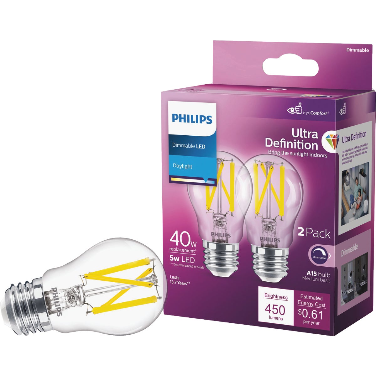 Philips Ultra Definition 40W Equivalent Daylight A15 Medium Dimmable LED Light Bulb (2-Pack)
