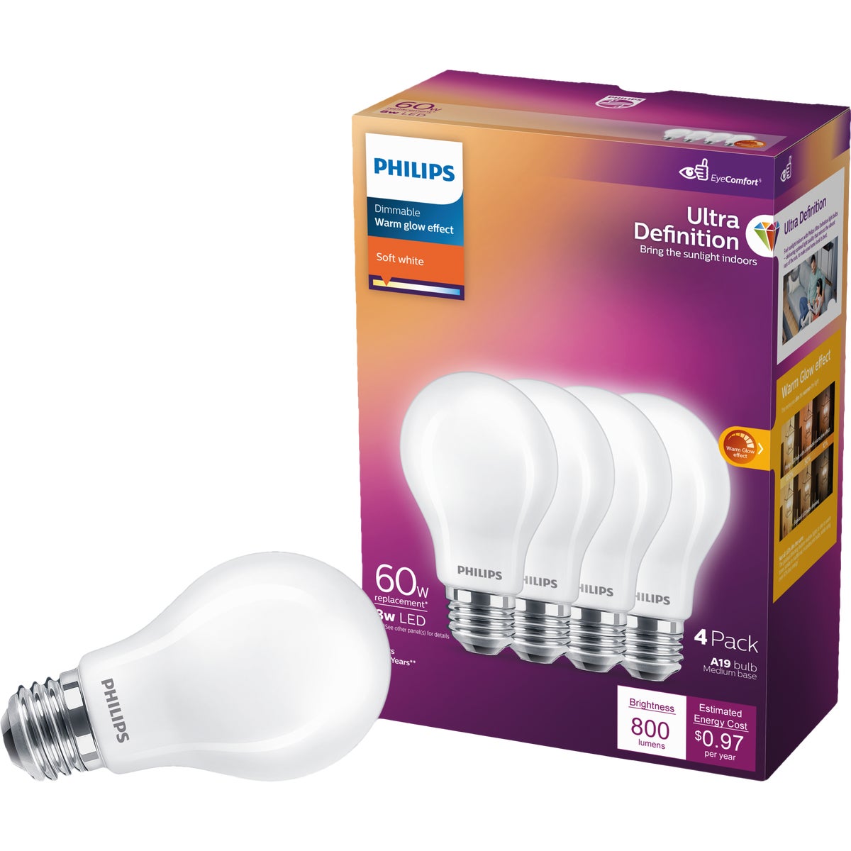 Philips Ultra Definition 60W Equivalent Soft White A19 Medium LED Light Bulb, Frosted (4-Pack)