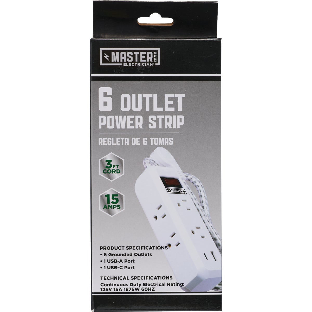 Master Electrician 6-Outlet/4 USB 1350J White Surge Strip with 3 Ft. Cord