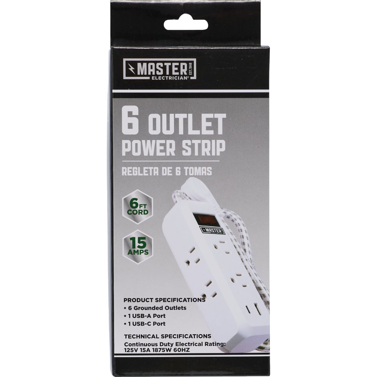 Master Electrician 6-Outlet/4 USB 1350J White Surge Strip with 6 Ft. Cord