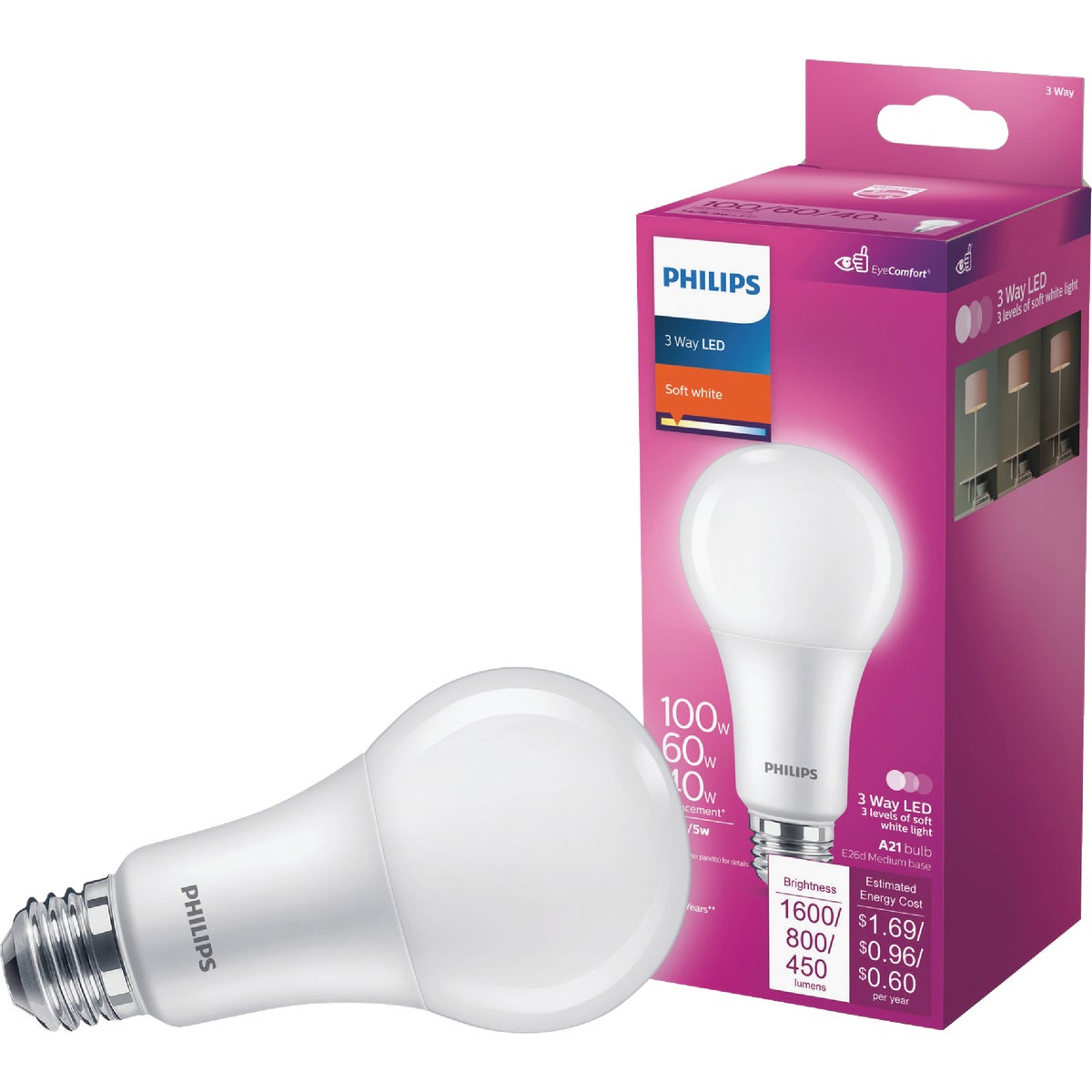 Philips 40/60/100W Equivalent Soft White A21 Medium 3-Way LED Light Bulb