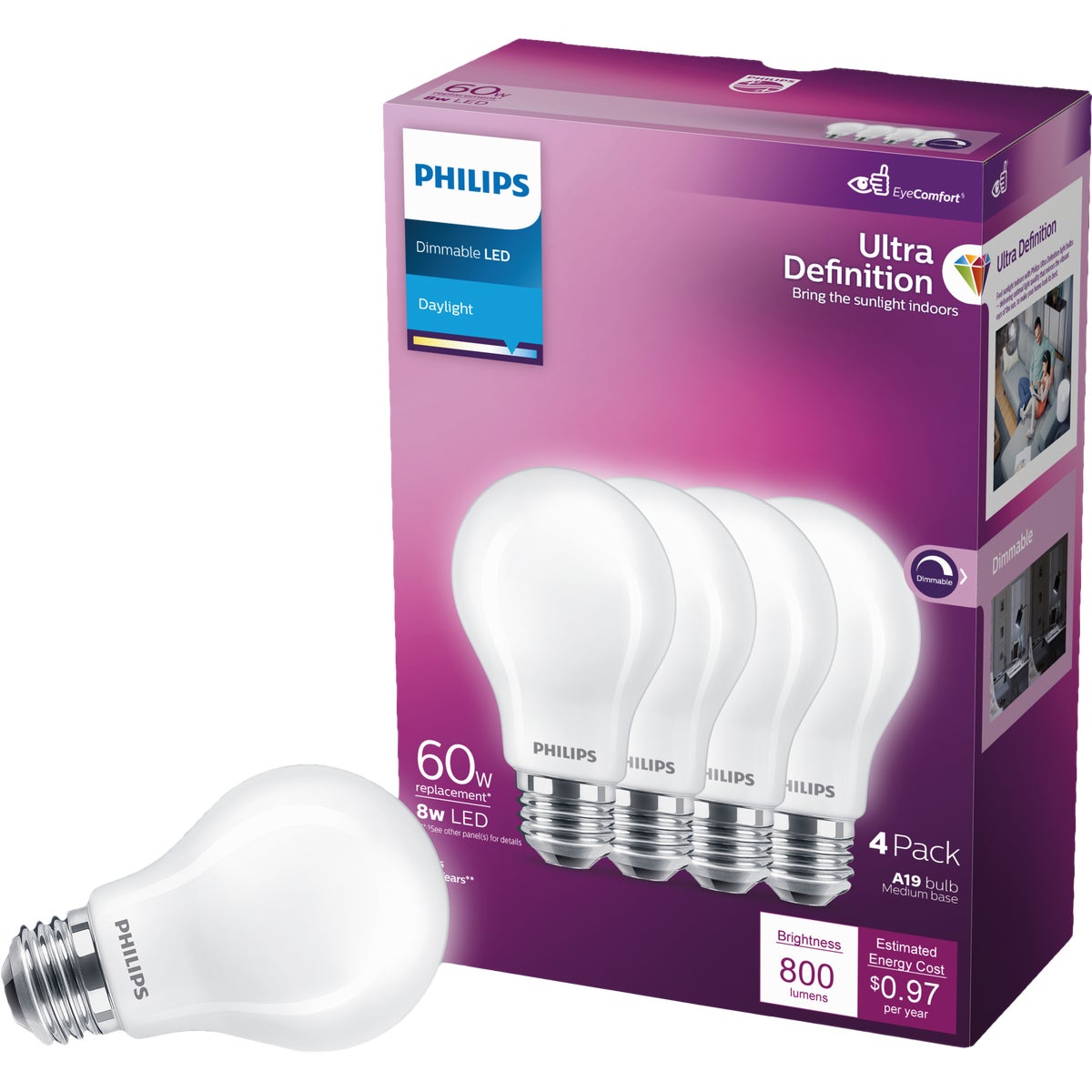 Philips Ultra Definition 60W Equivalent Daylight A19 Medium LED Light Bulb, Frosted (4-Pack)