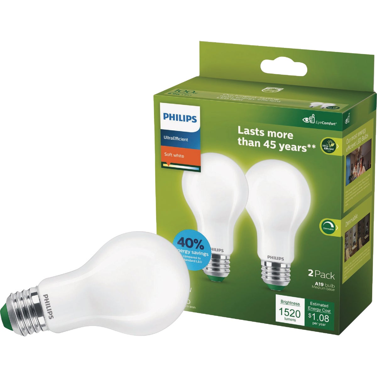 Philips Ultra Efficient 100W Equivalent Soft White Frosted A19 LED Bulb (2-Pack)