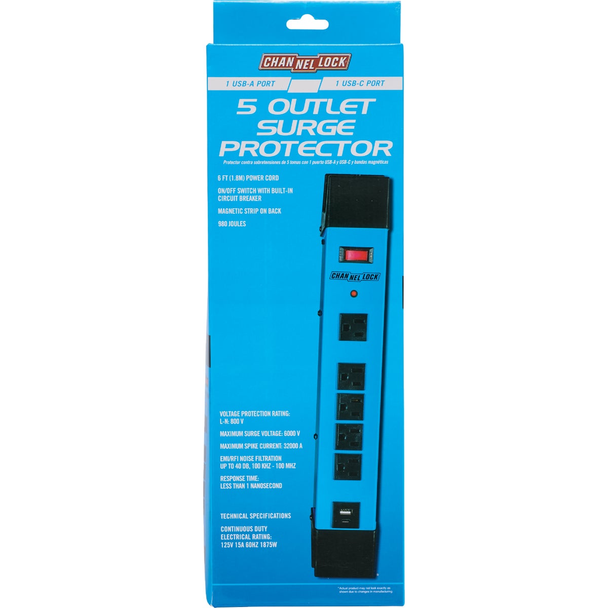 Channellock 5-Outlet/2 USB Blue Power Strip