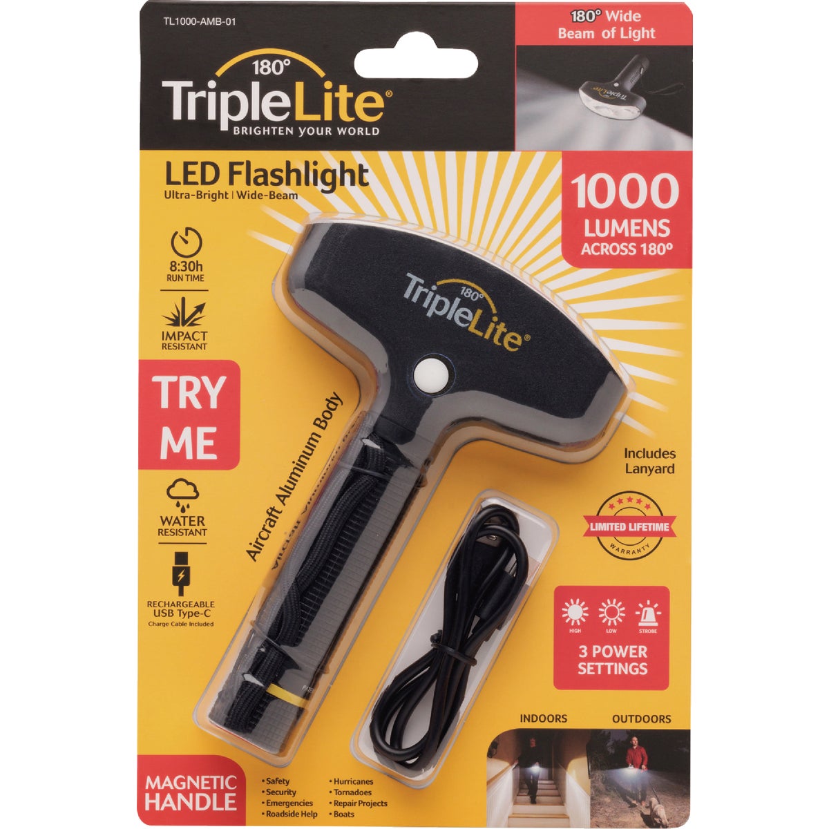 TripleLite 1000 Lm. 180 Deg Rechargeable Aircraft Aluminum Flashlight