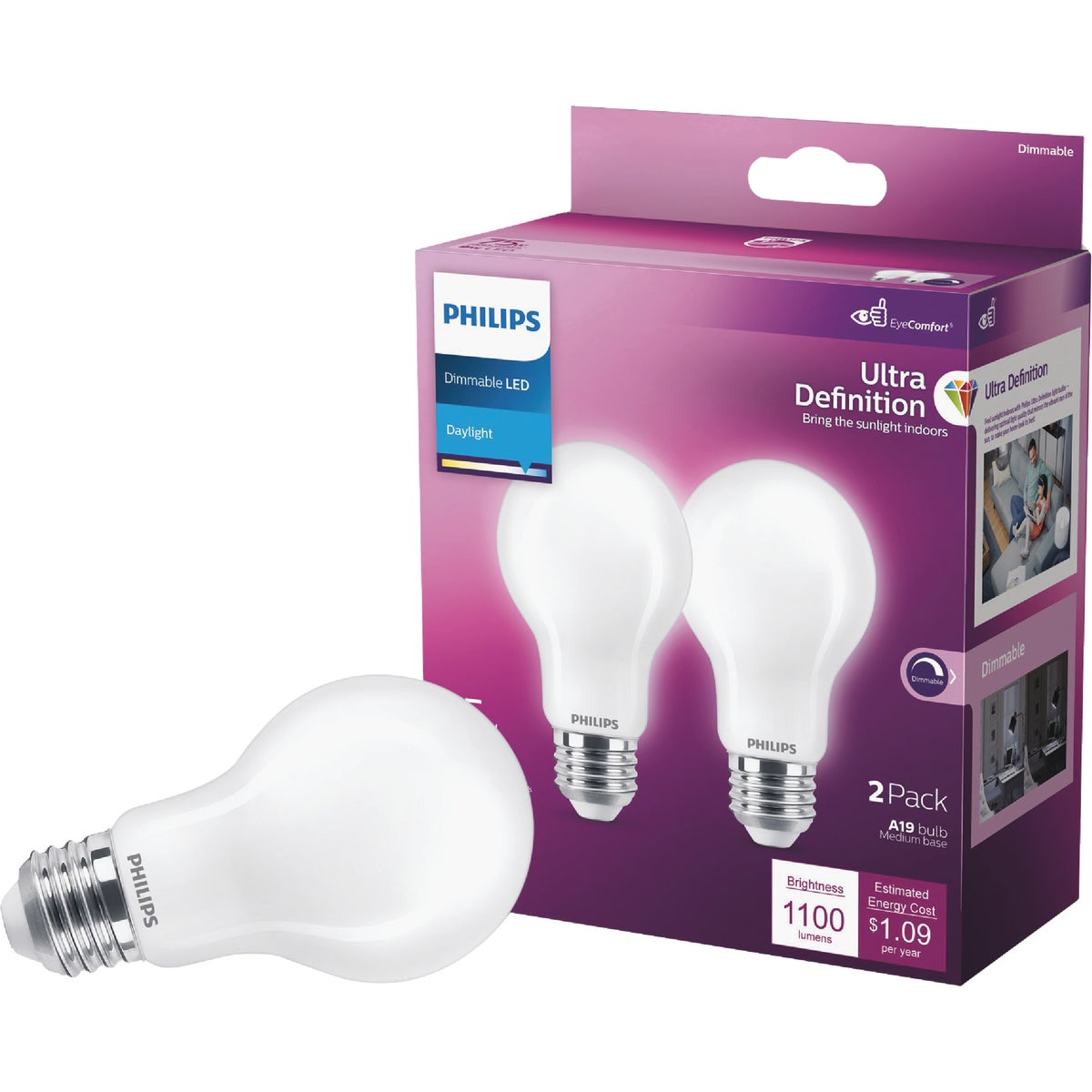 Philips Ultra Definition 75W Equivalent Daylight A21 Medium LED Light Bulb, Frosted (2-Pack)