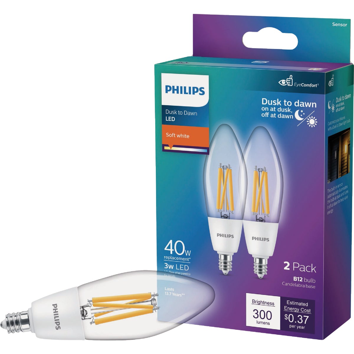 Philips 40W Equivalent Soft White B11 Dusk to Dawn LED Decorative Light Bulb (2-Pack)
