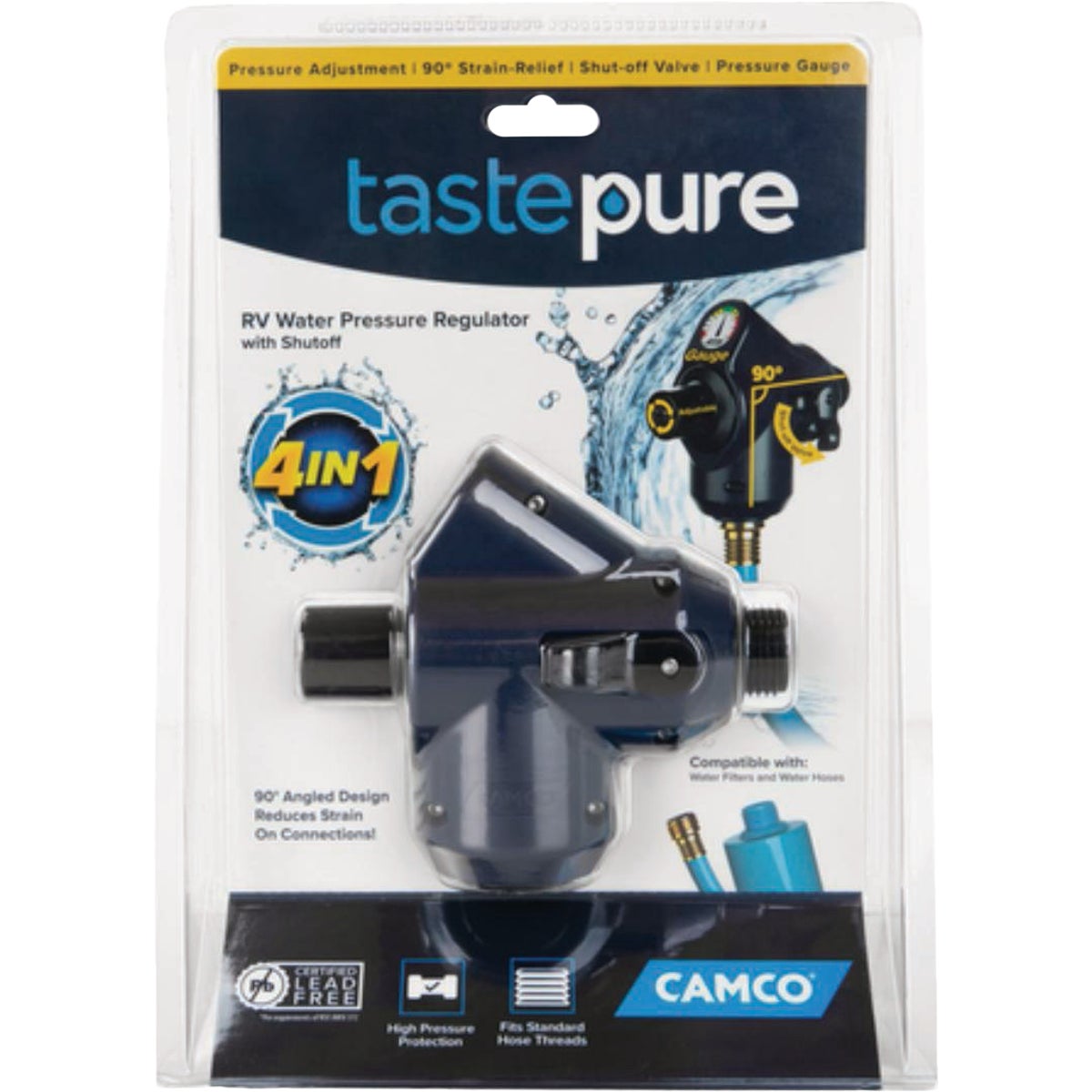 Camco TastePURE 90 Degree Water Pressure Regulator with Shut-Off