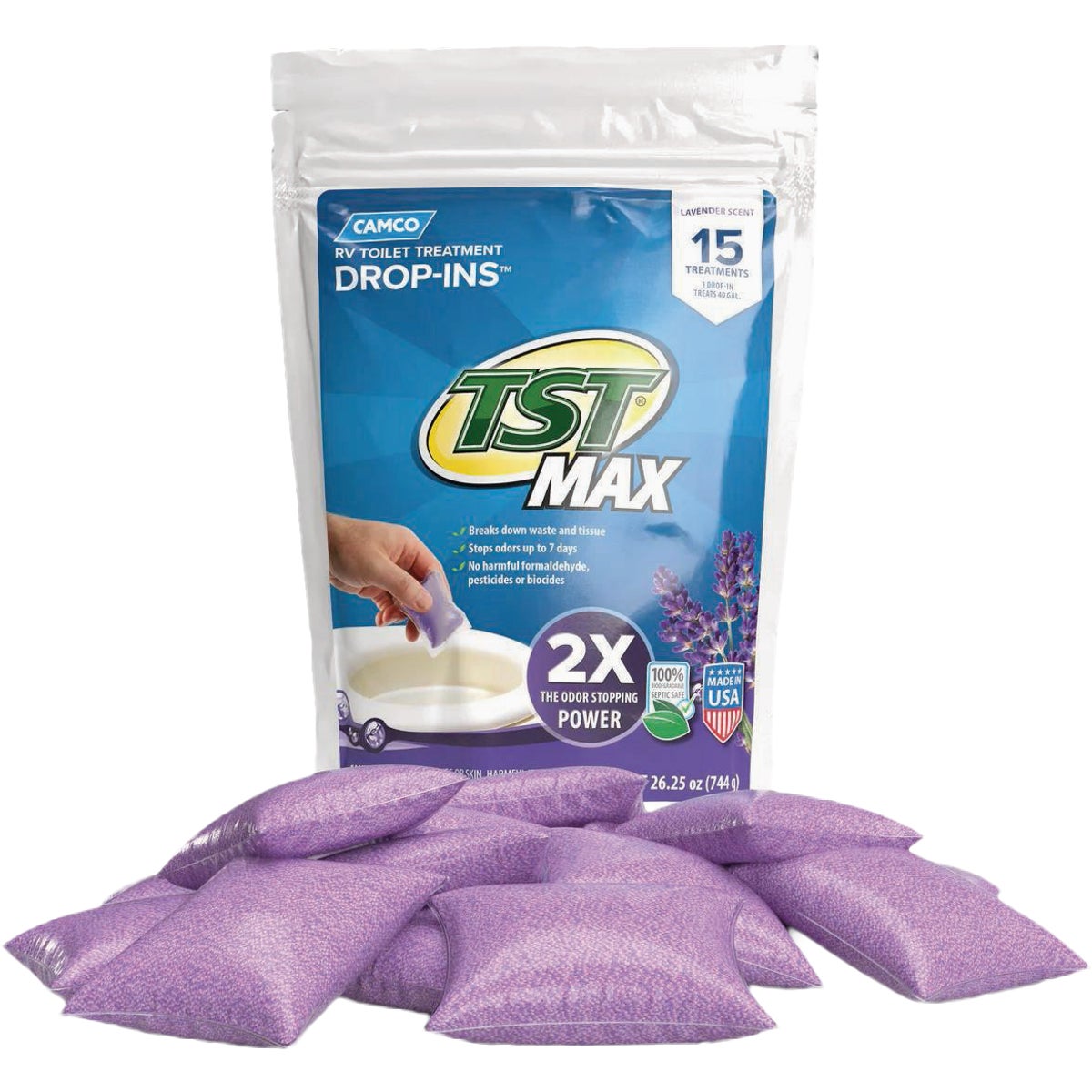 Camco TST MAX RV Toilet Treatment Drop-Ins, Lavender (15-Ct.)