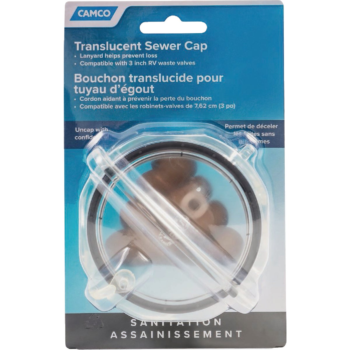 Camco RV Translucent Sewer Cap with Lanyard