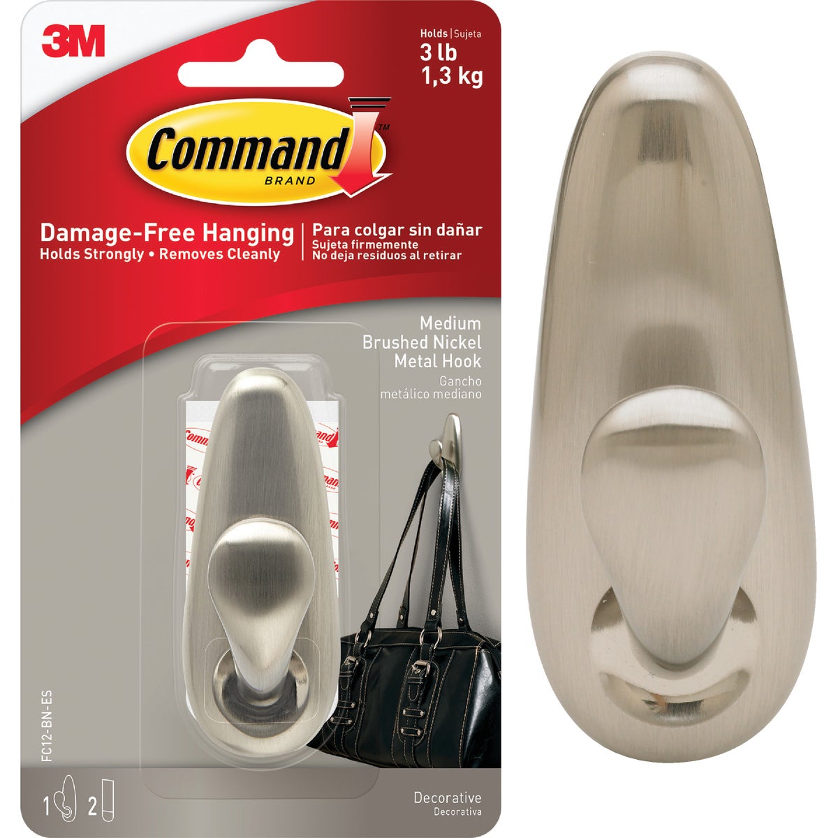 Command Medium Brushed Nickel Metal Adhesive Hook