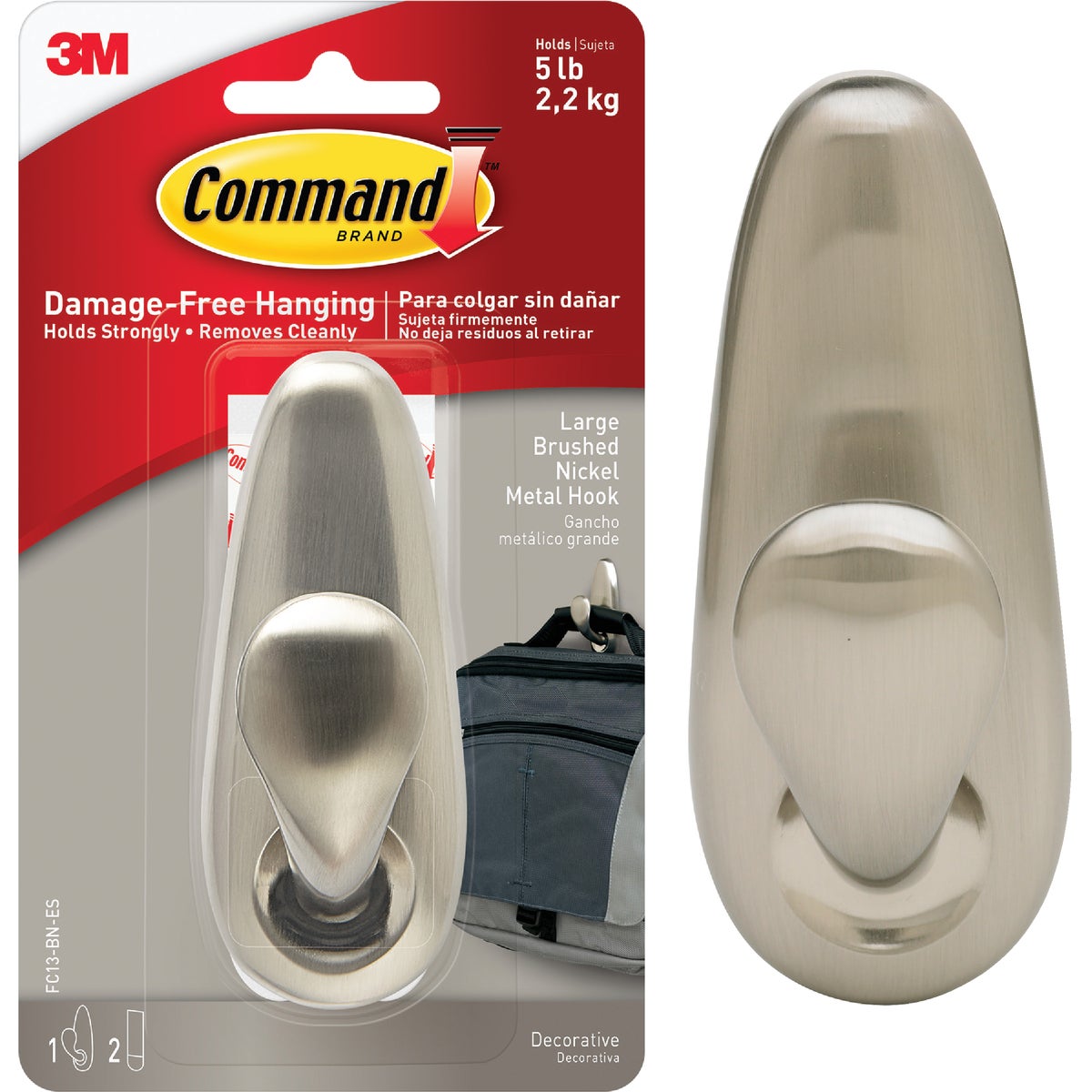 Command Large Brushed Nickel Metal Adhesive Hook