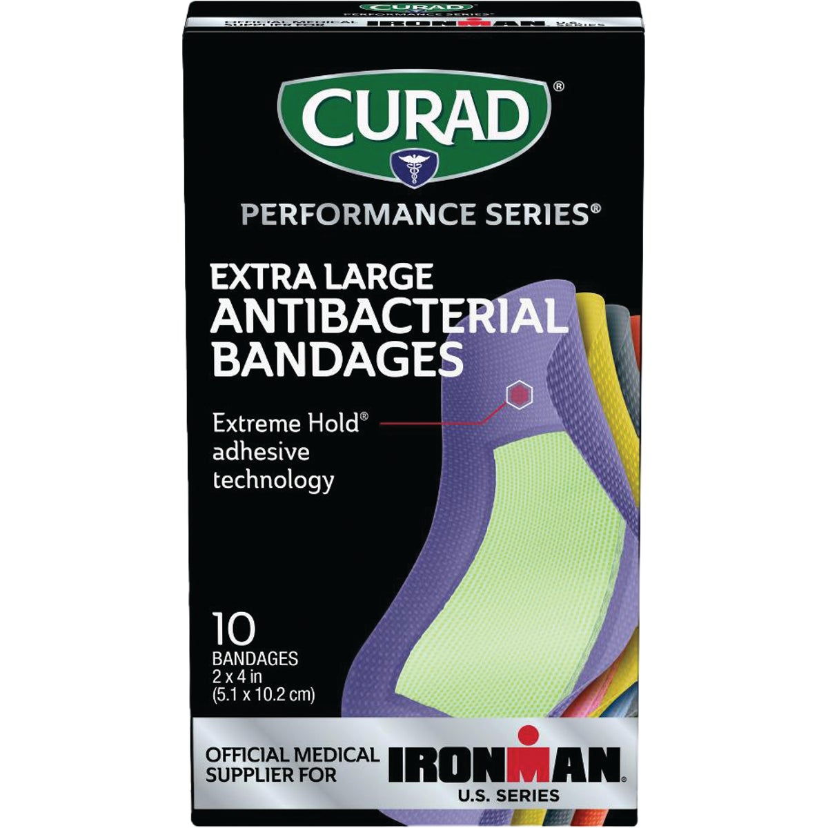 Curad Performance Series Antibacterial Bandages, XL, 2 In. x 4 In., Assorted Colors (10 Ct)