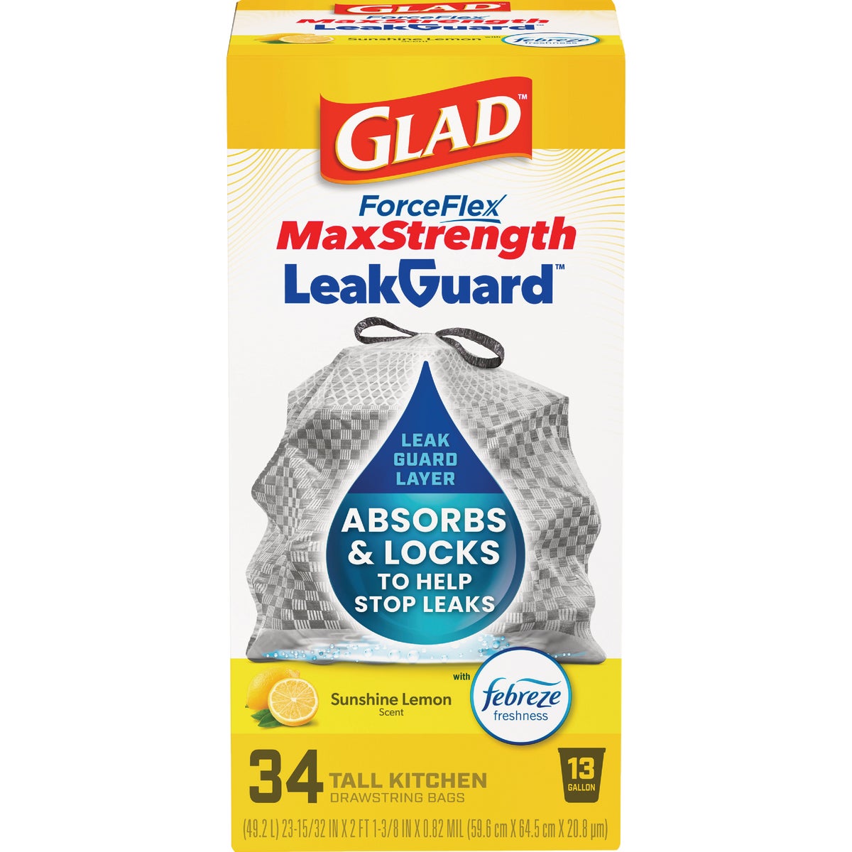 Glad ForceFlex 13 Gal. MaxStrength Sunshine Lemon Tall Kitchen Drawstring Trash Bag (34-Count)