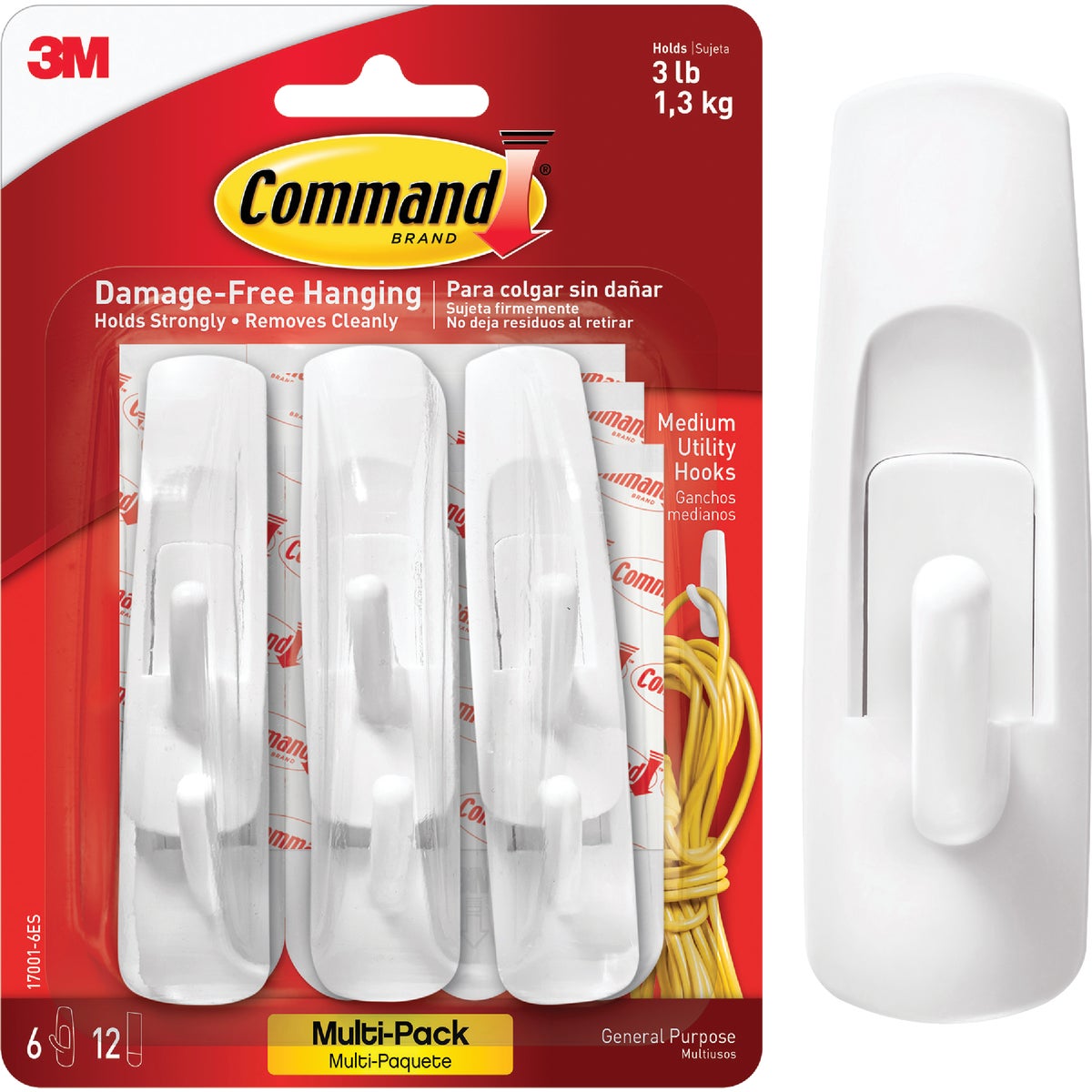 3M Command Medium Utility Adhesive Hook (6-Pack)