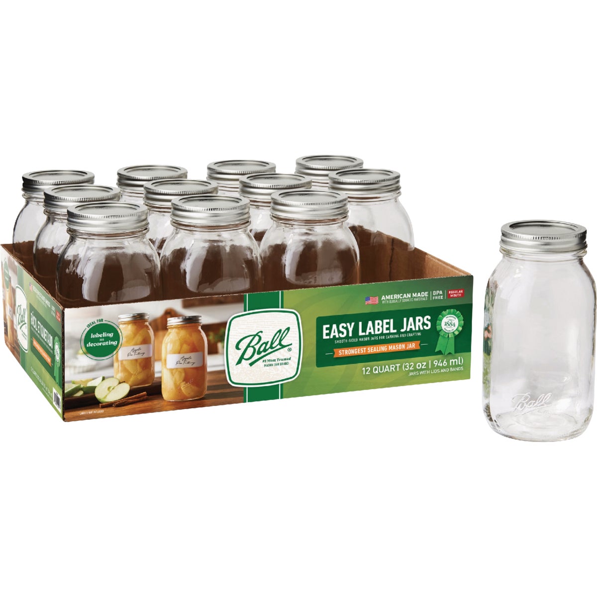 Ball 1 Qt. Easy-Label Regular Mouth Smooth-Sided Mason Jar (12-Count)