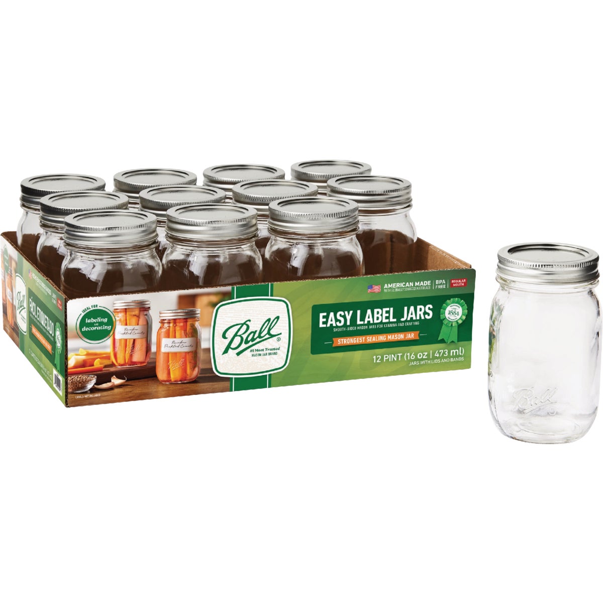 Ball 1 Pt. Easy-Label Regular Mouth Smooth-Sided Mason Jar (12-Count)