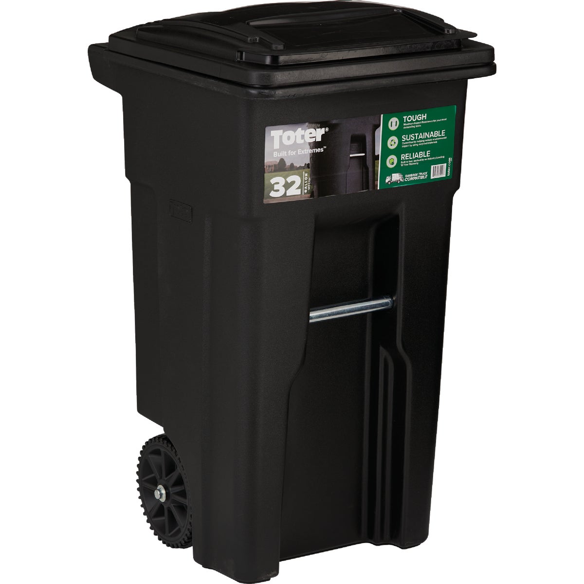 Toter 32 Gal. Black Outdoor Trash Can With Attached Lid and Wheels