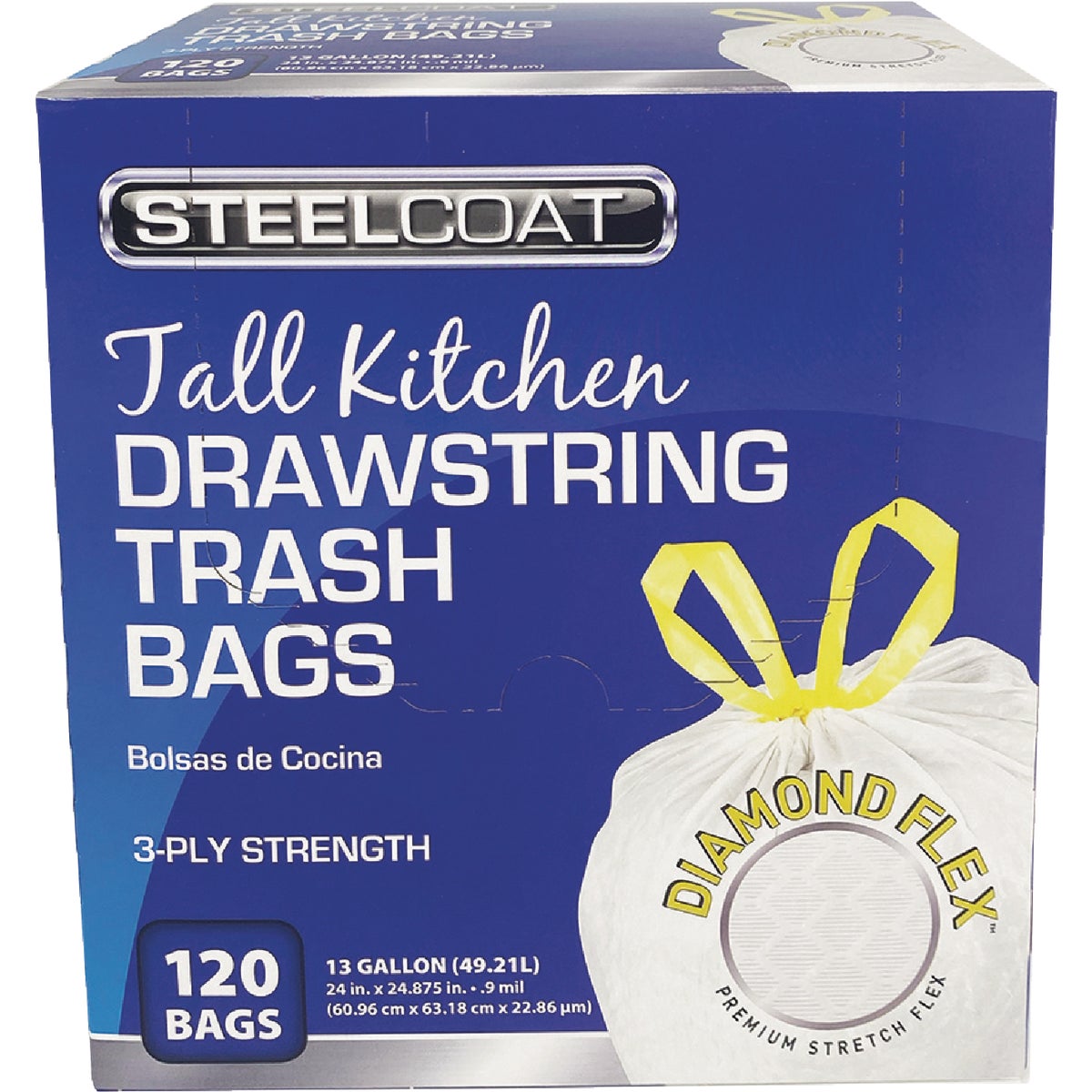 Steelcoat Diamond Flex 13 Gal. Unscented Tall Kitchen White Drawstring Trash Bag (120-Count)