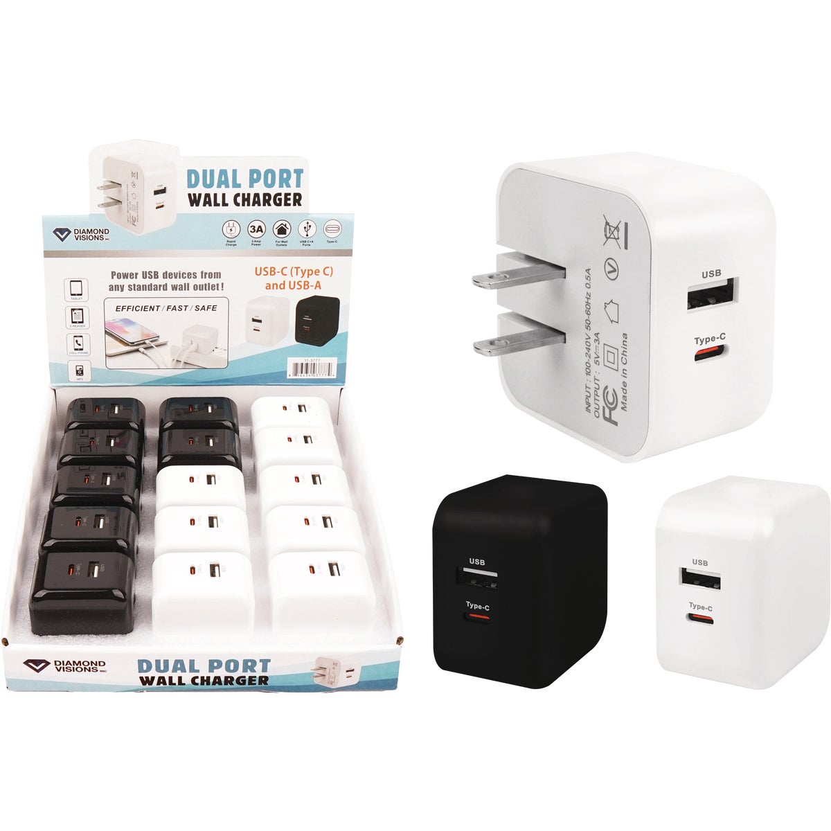 Diamond Visions AC Outlet Dual 3A Space Saving Wall USB-C and USB-A Charger