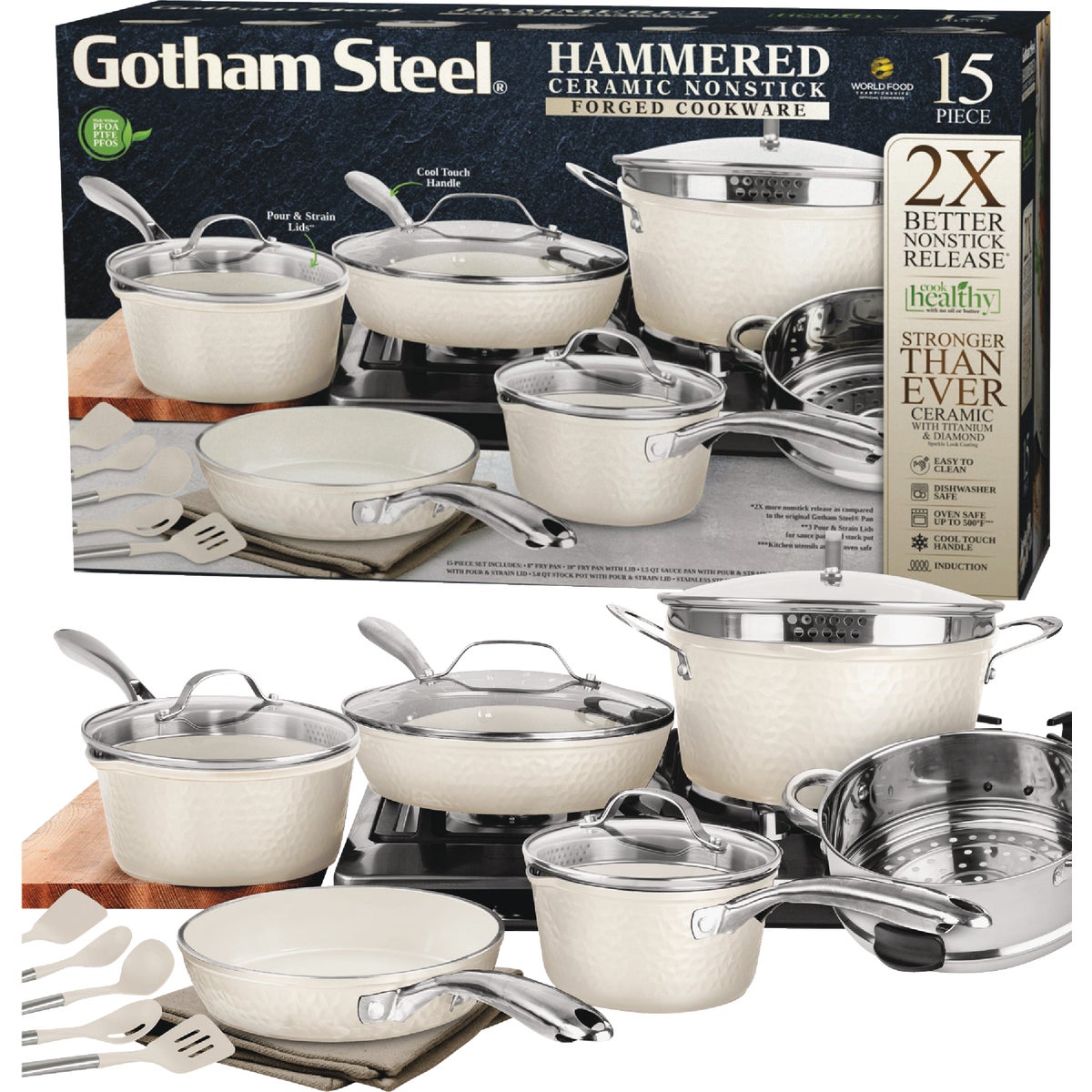 Gotham Steel Hammered Cream Cookware Collection (15-Piece)