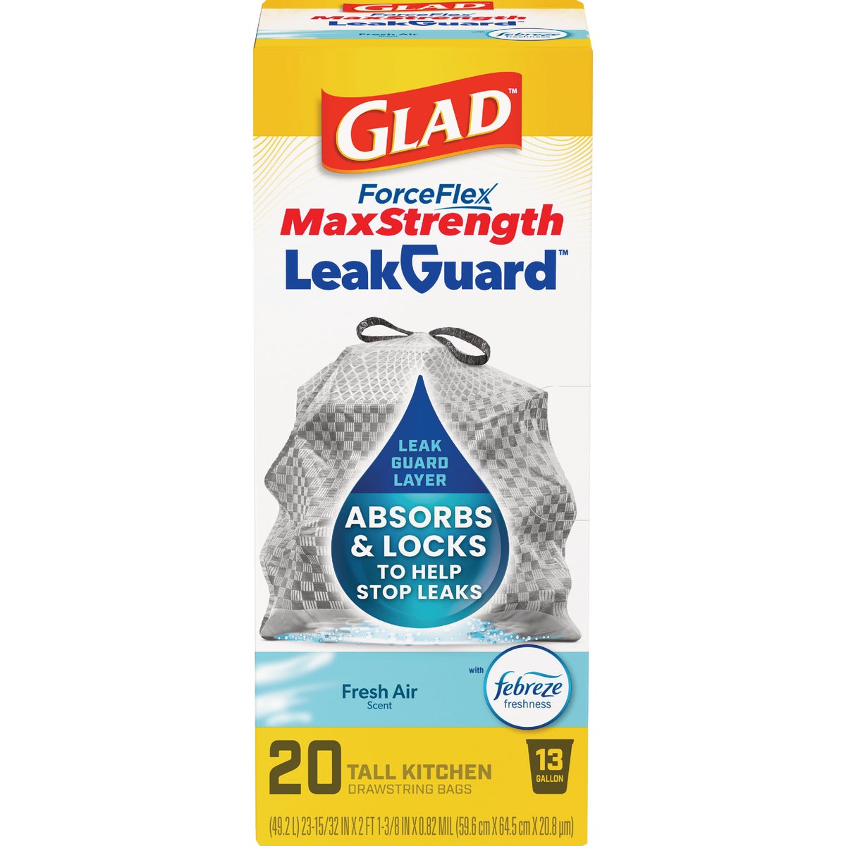 Glad 13 Gal. ForceFlex MaxStrength LeakGuard Tall Kitchen Drawstring Trash Bags, Fresh Air Scent (20-Count)