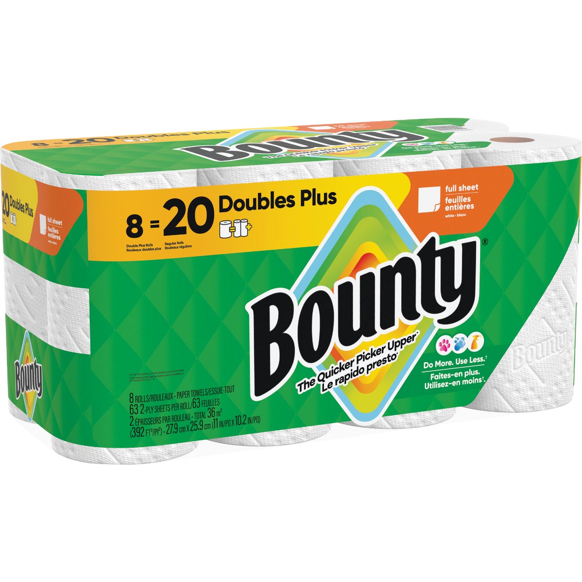 Bounty Full Sheet Paper Towels, 8 Double Plus Rolls, White, 73 Sheets Per Roll