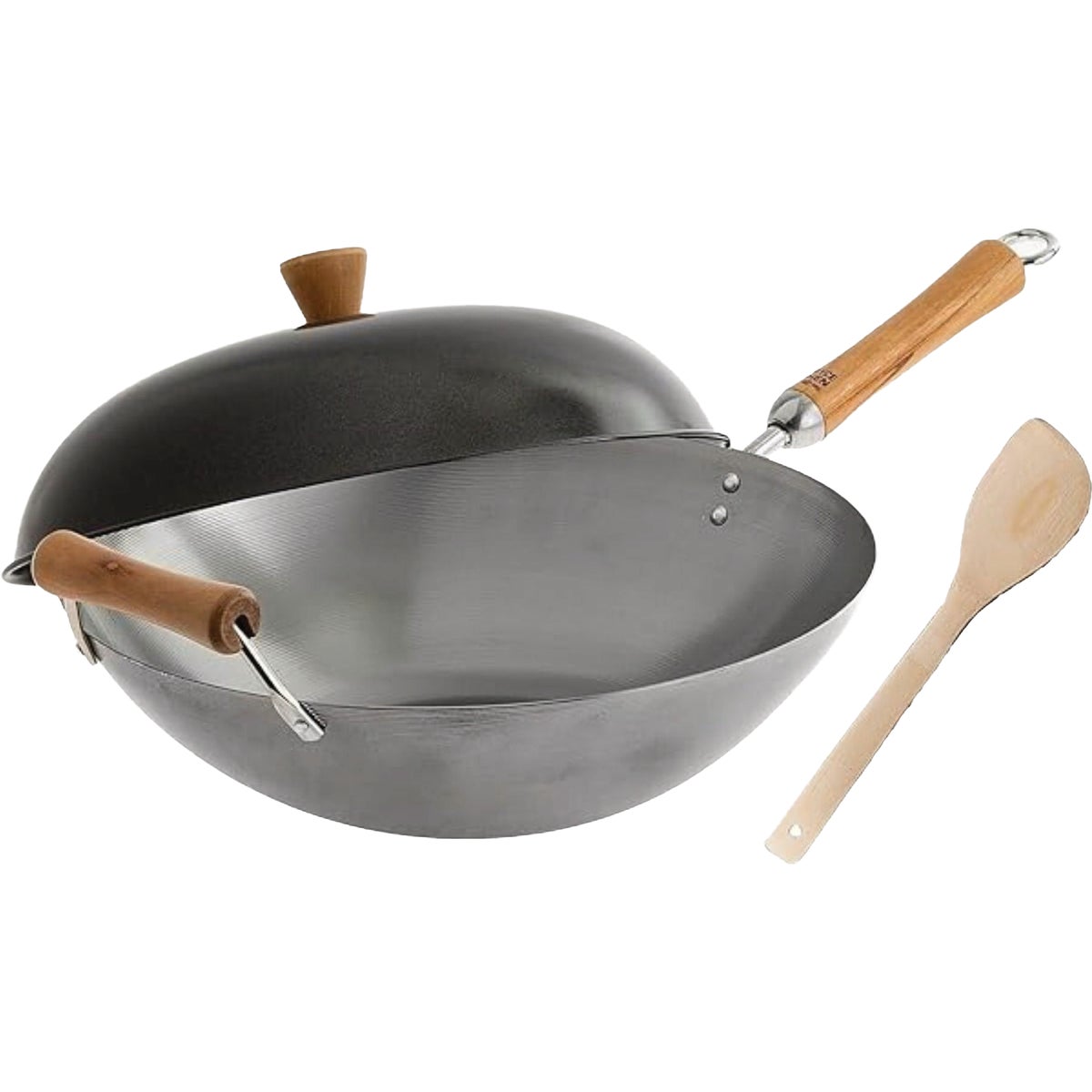 Joyce Chen Classic Series 14 In. Uncoated Carbon Steel Flat Bottom Wok Set with Lid and Birch Handles (4-Pc.)
