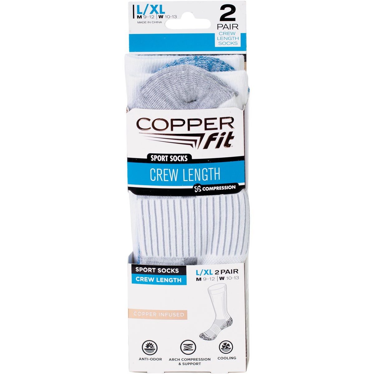 Copper Fit L/XL White Crew Compression Socks